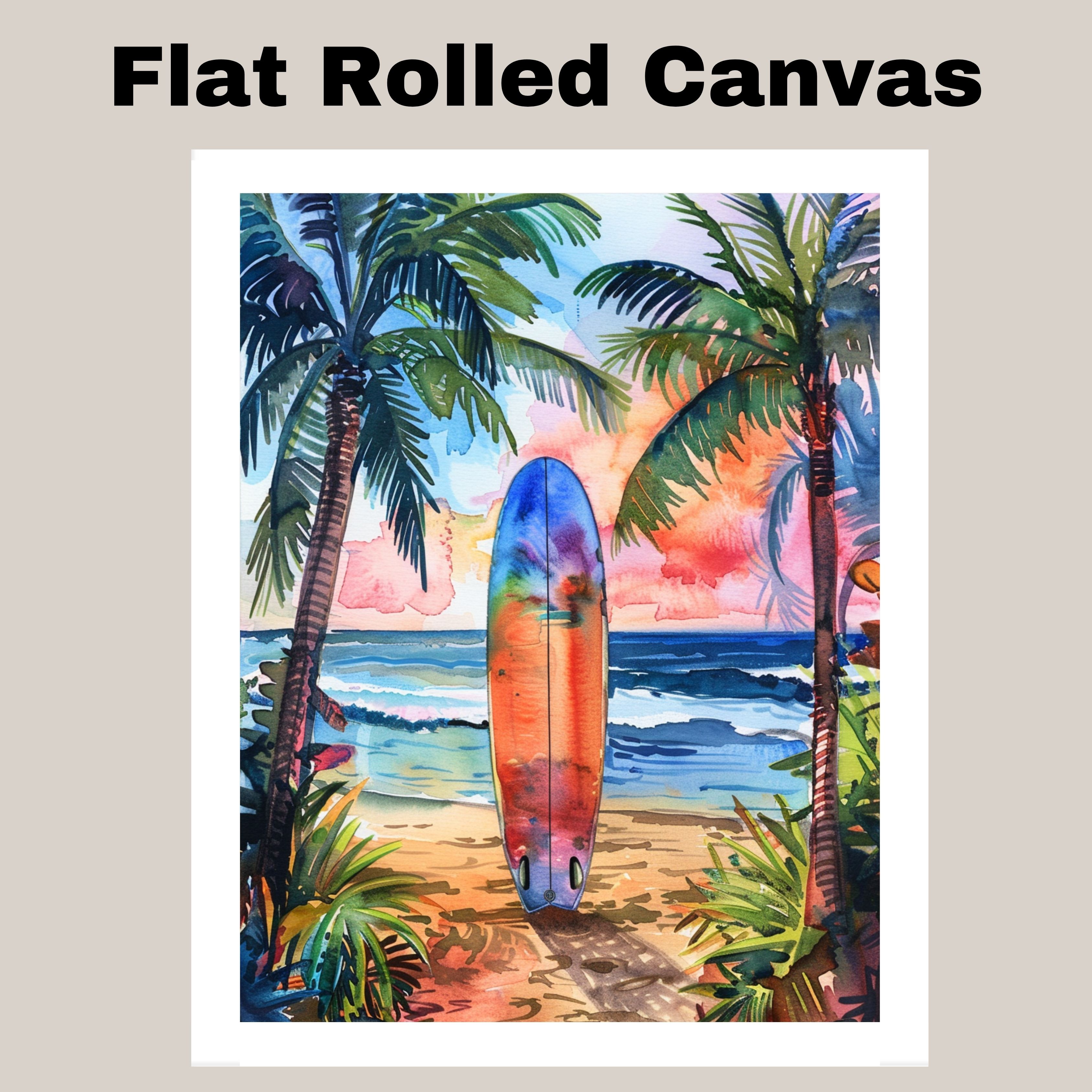 Watercolor Canvas of Surfboard at Sunset Beach with Palm Trees Ocean Wall Art