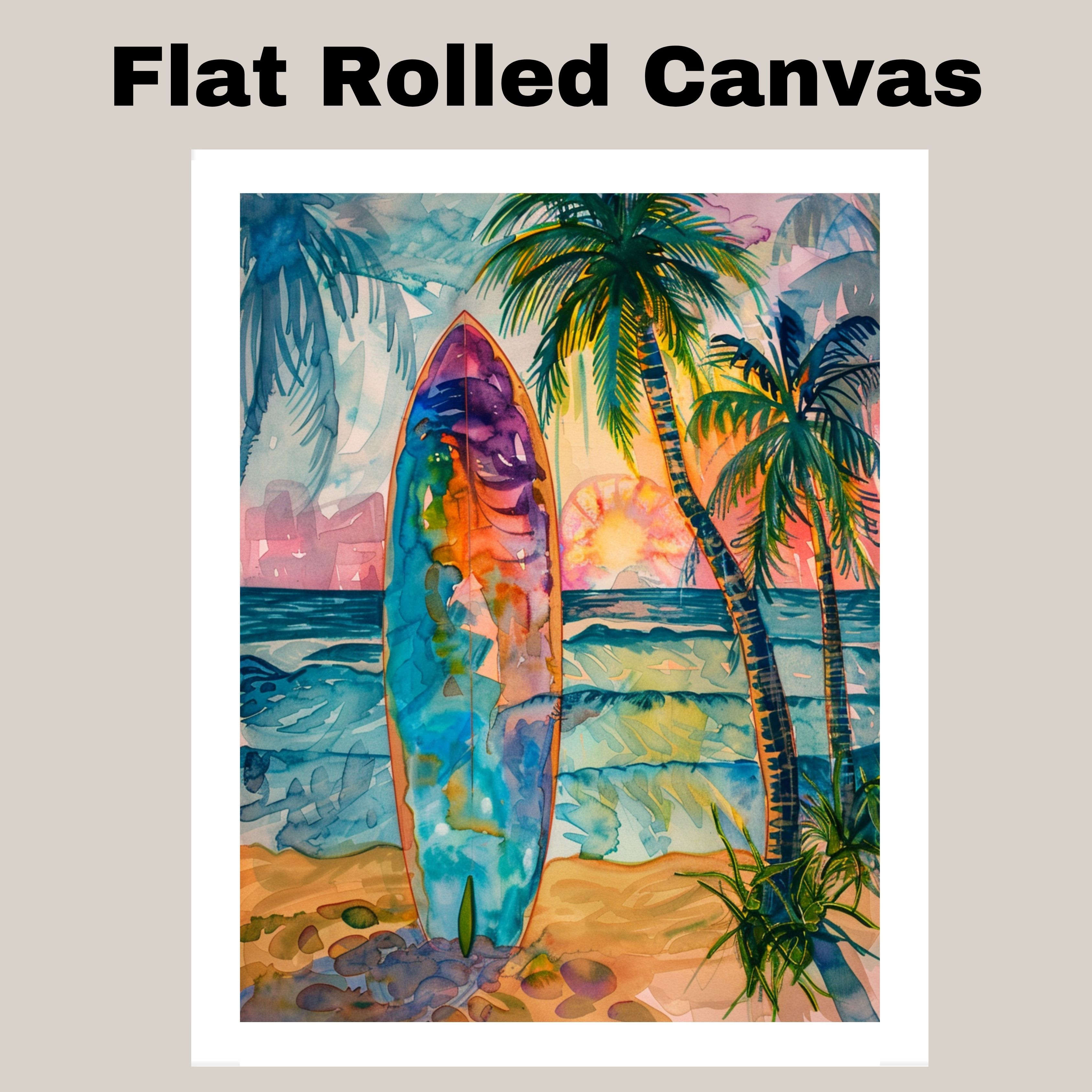 Watercolor Surfboard at Sunset with Palm Trees on Beach Ocean Canvas Wall Art