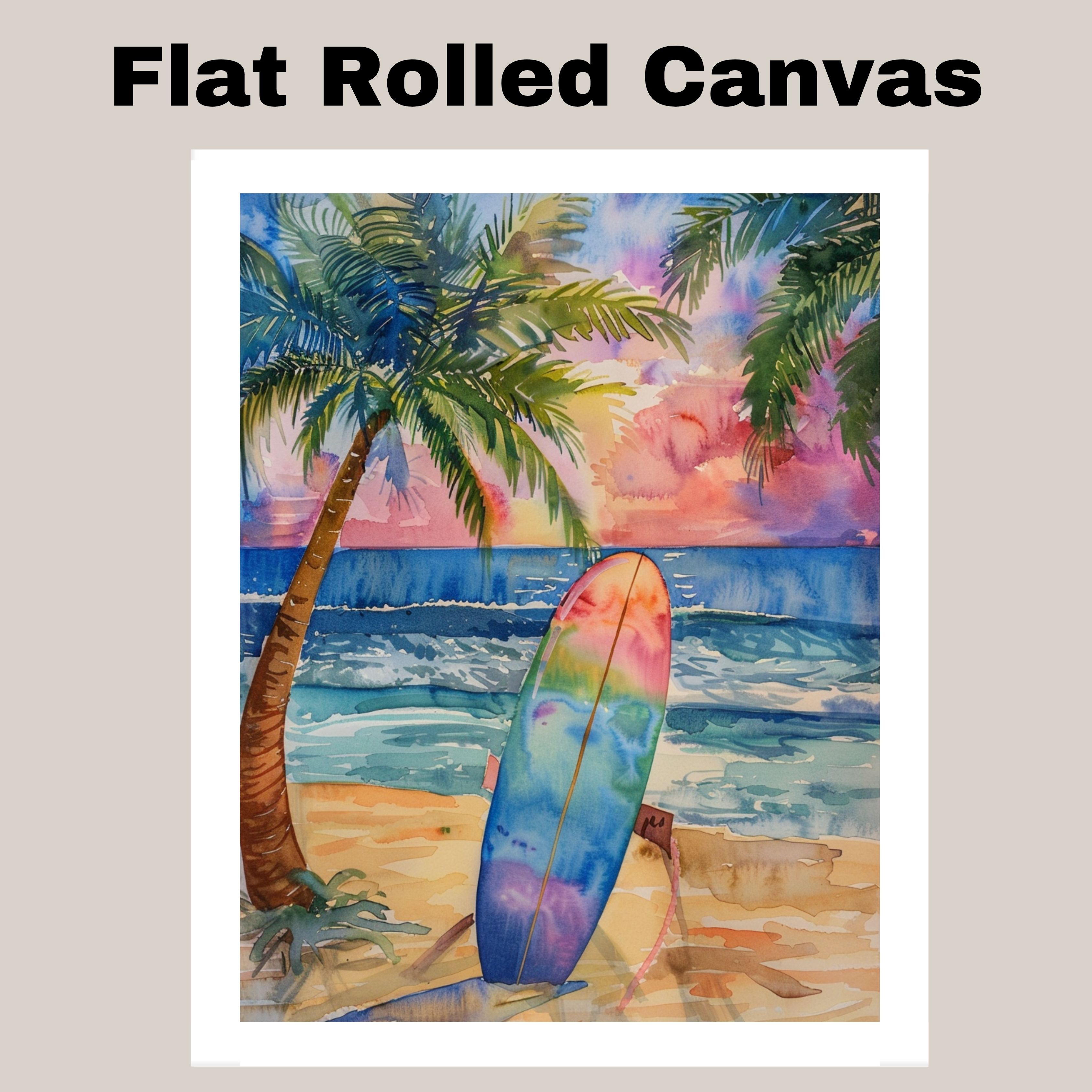 Colorful Surfboard Watercolor at Sunset with Ocean and Palms Canvas Wall Art
