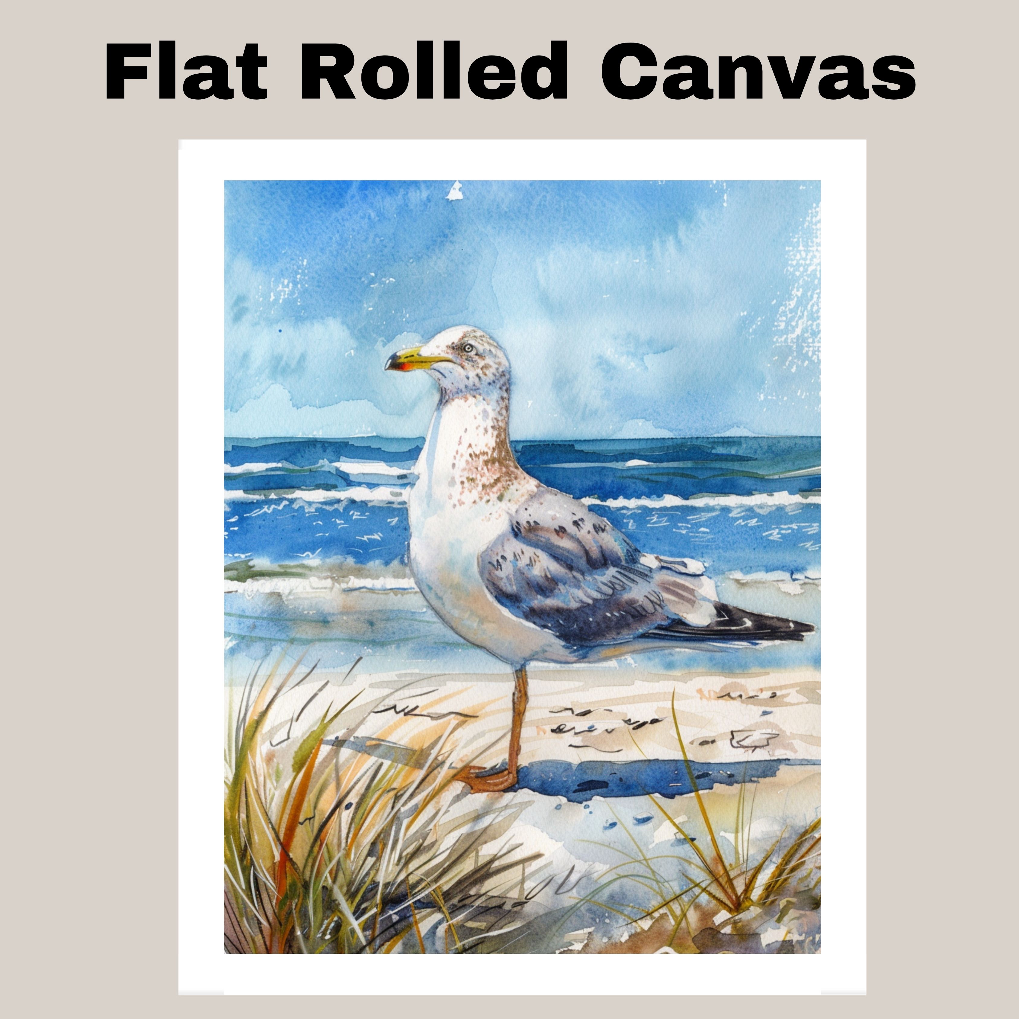 Watercolor of a Seagull on the Beach with Ocean Background Canvas Wall Art