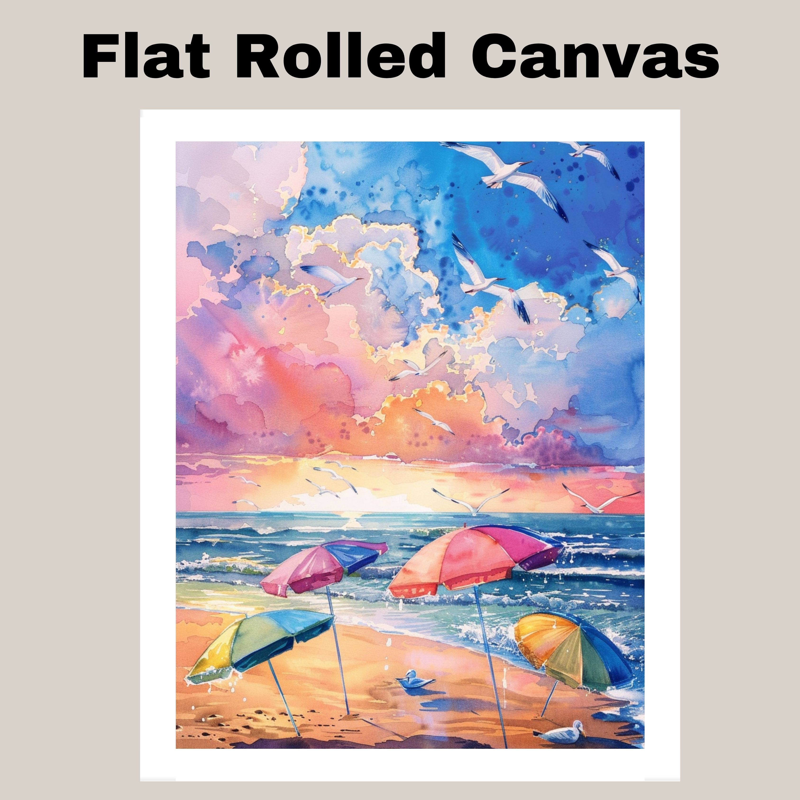 Watercolor of Beach Umbrellas and Seagulls at Sunset Ocean Canvas Wall Art