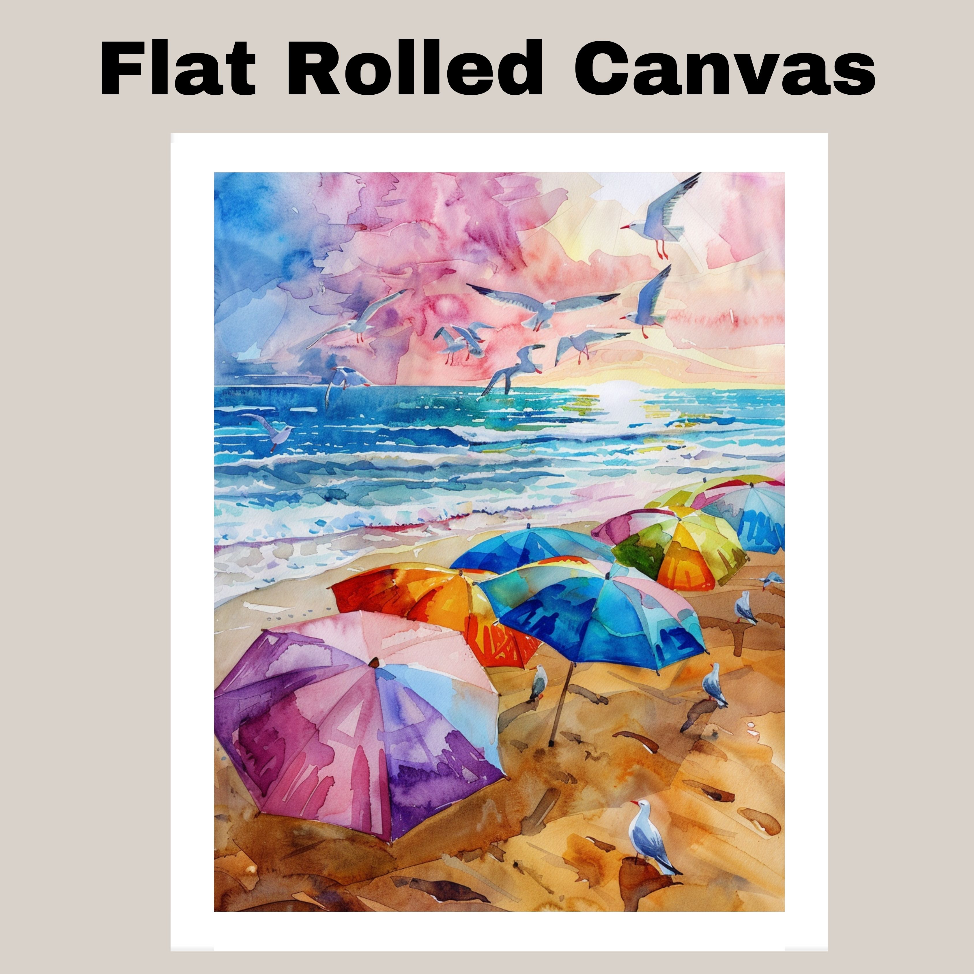 Watercolor Canvas of Beach Umbrellas and Seagulls at Sunset Ocean Wall Art