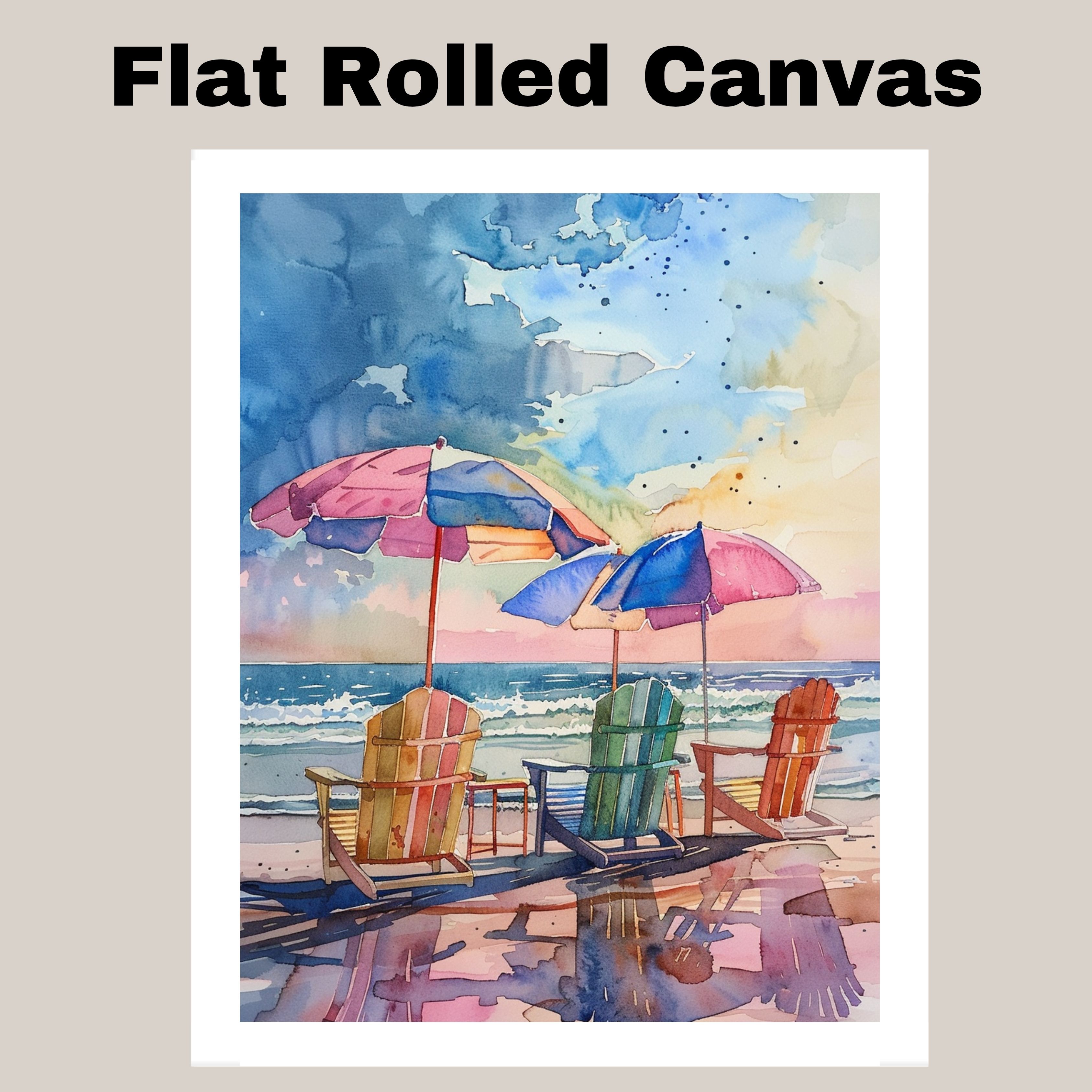 Coastal Watercolor of Beach Chairs and Umbrellas by the Shore Canvas Wall Art