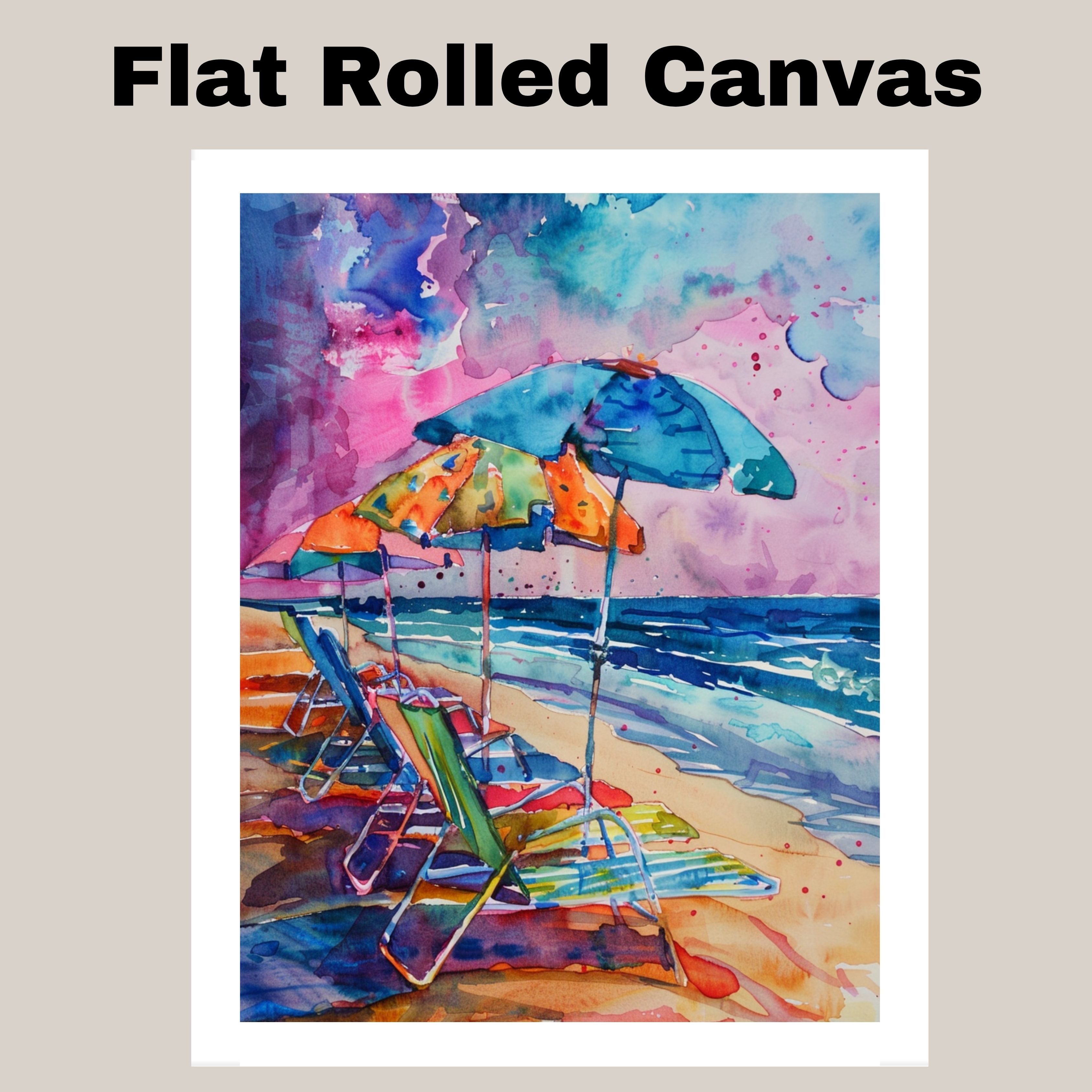 Watercolor Painting of Beach Chairs and Umbrellas Coastal Ocean Wall Art - Picture 18 of 19
