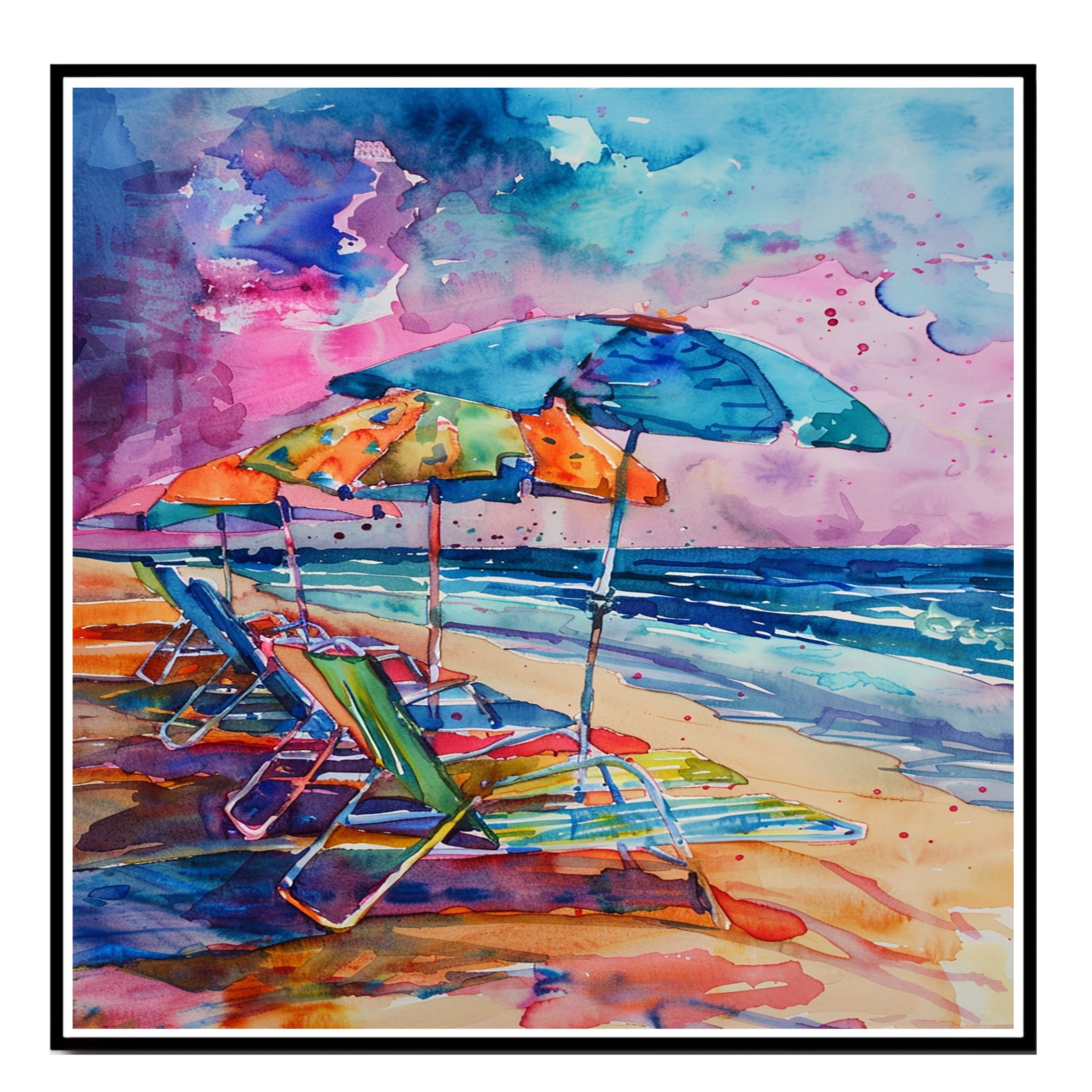 Watercolor Painting of Beach Chairs and Umbrellas Coastal Ocean Wall Art - Picture 15 of 19