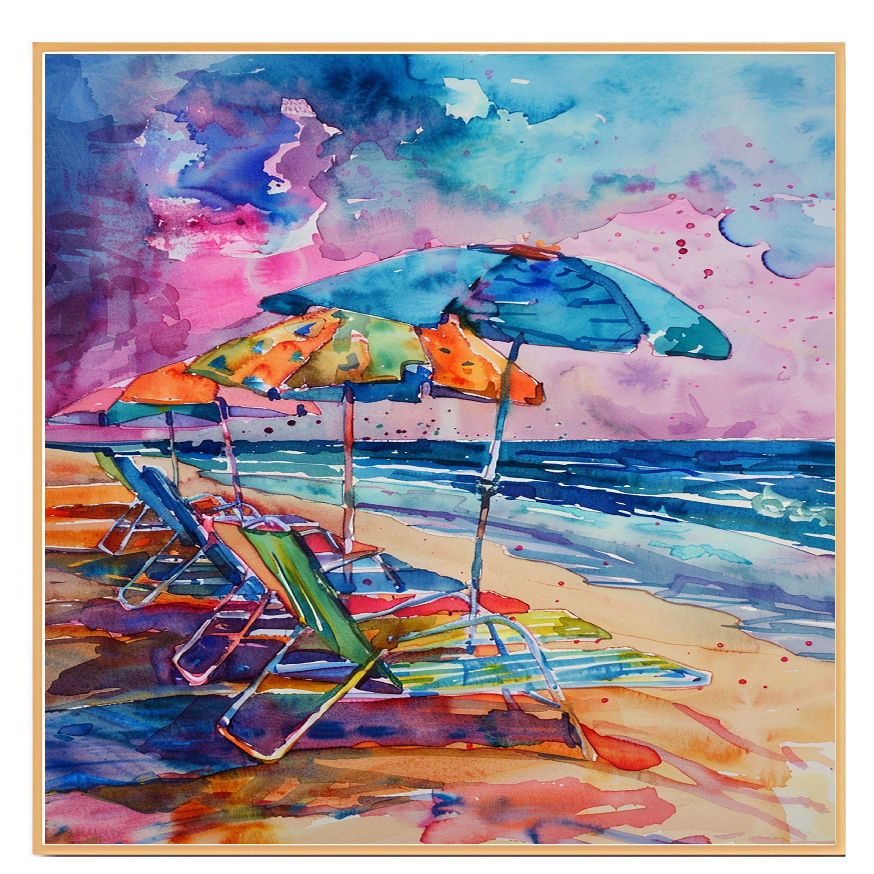 Watercolor Painting of Beach Chairs and Umbrellas Coastal Ocean Wall Art - Picture 17 of 19