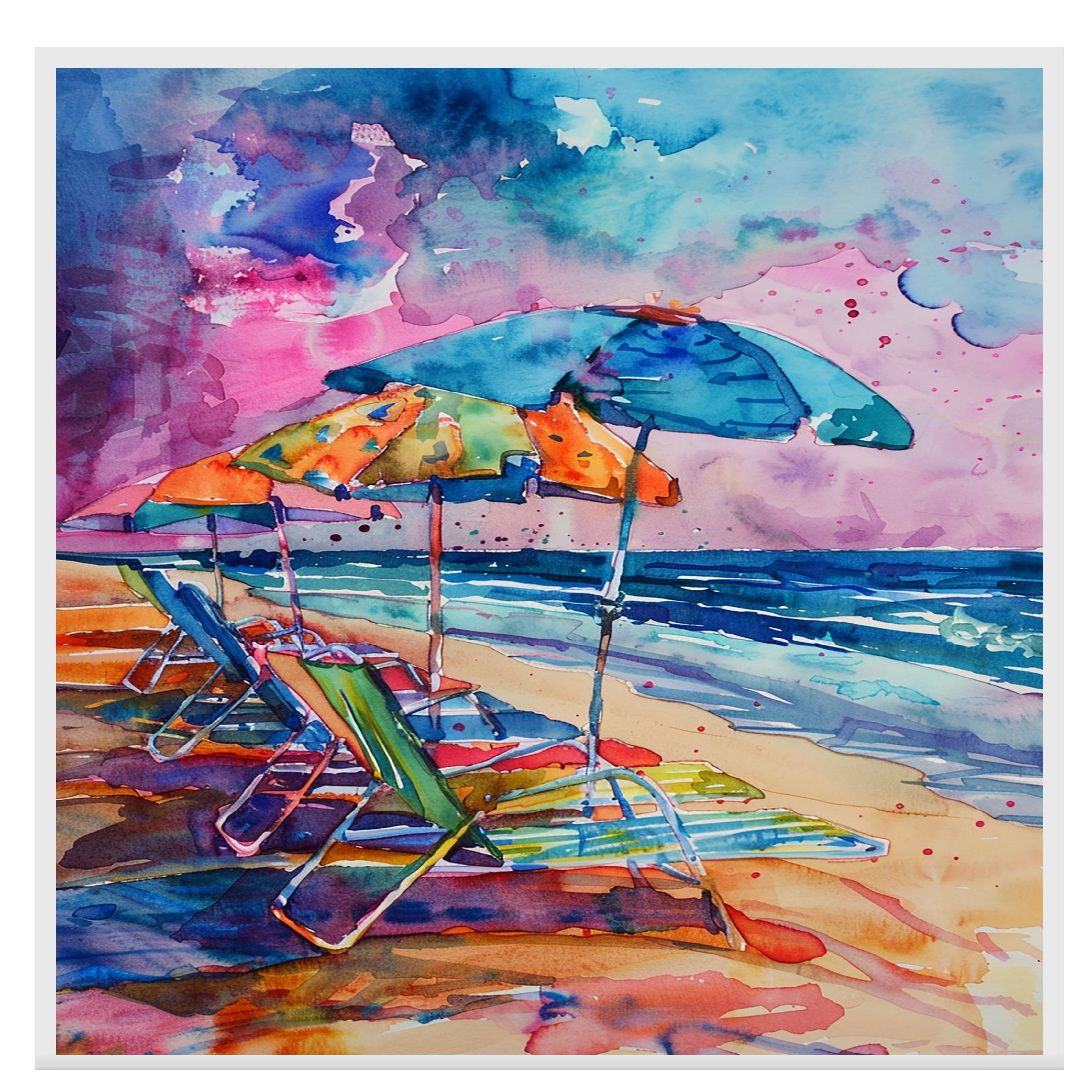 Watercolor Painting of Beach Chairs and Umbrellas Coastal Ocean Wall Art - Picture 16 of 19