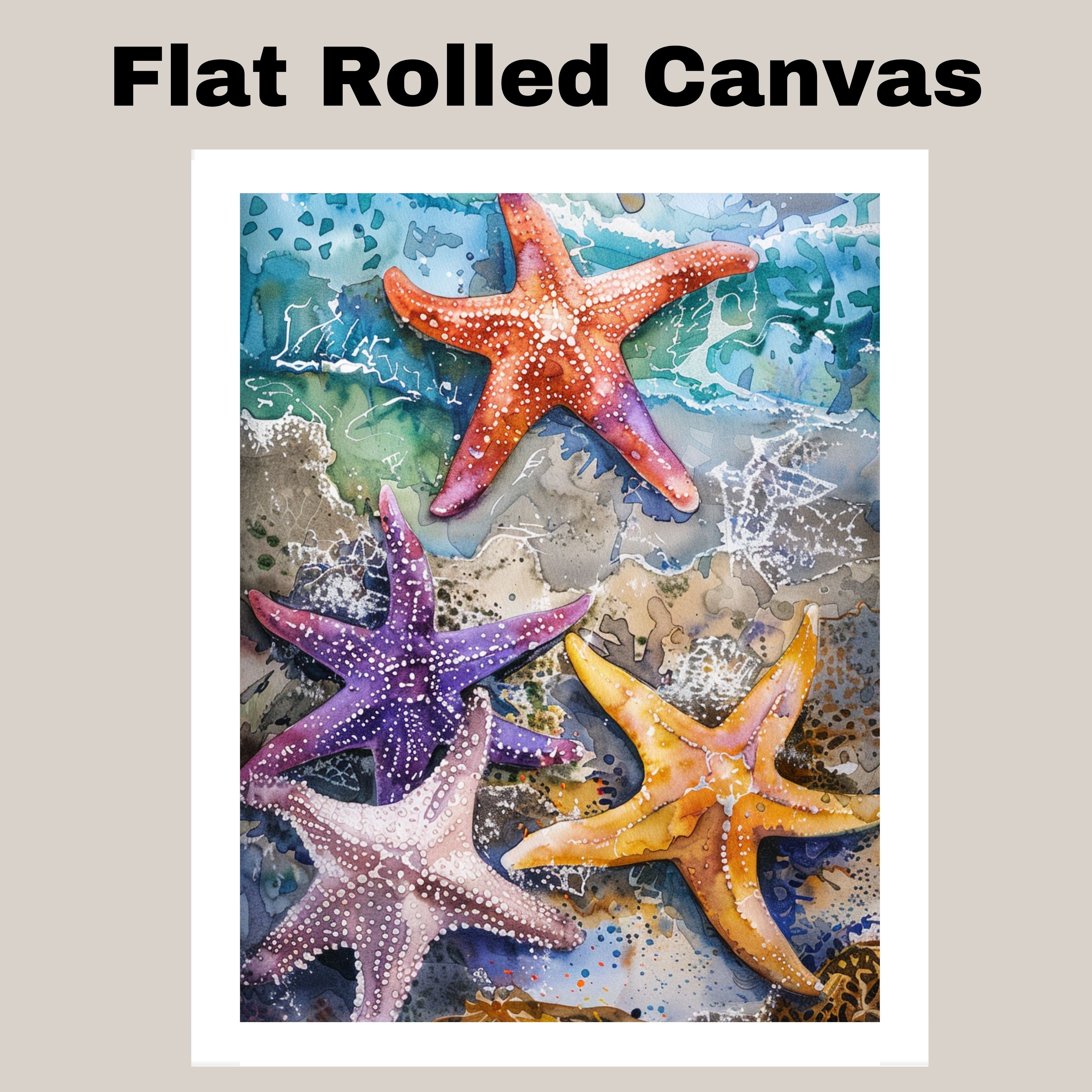Watercolor Canvas Wall Art of Colorful Starfish in Tide Pool Scene Ocean Art