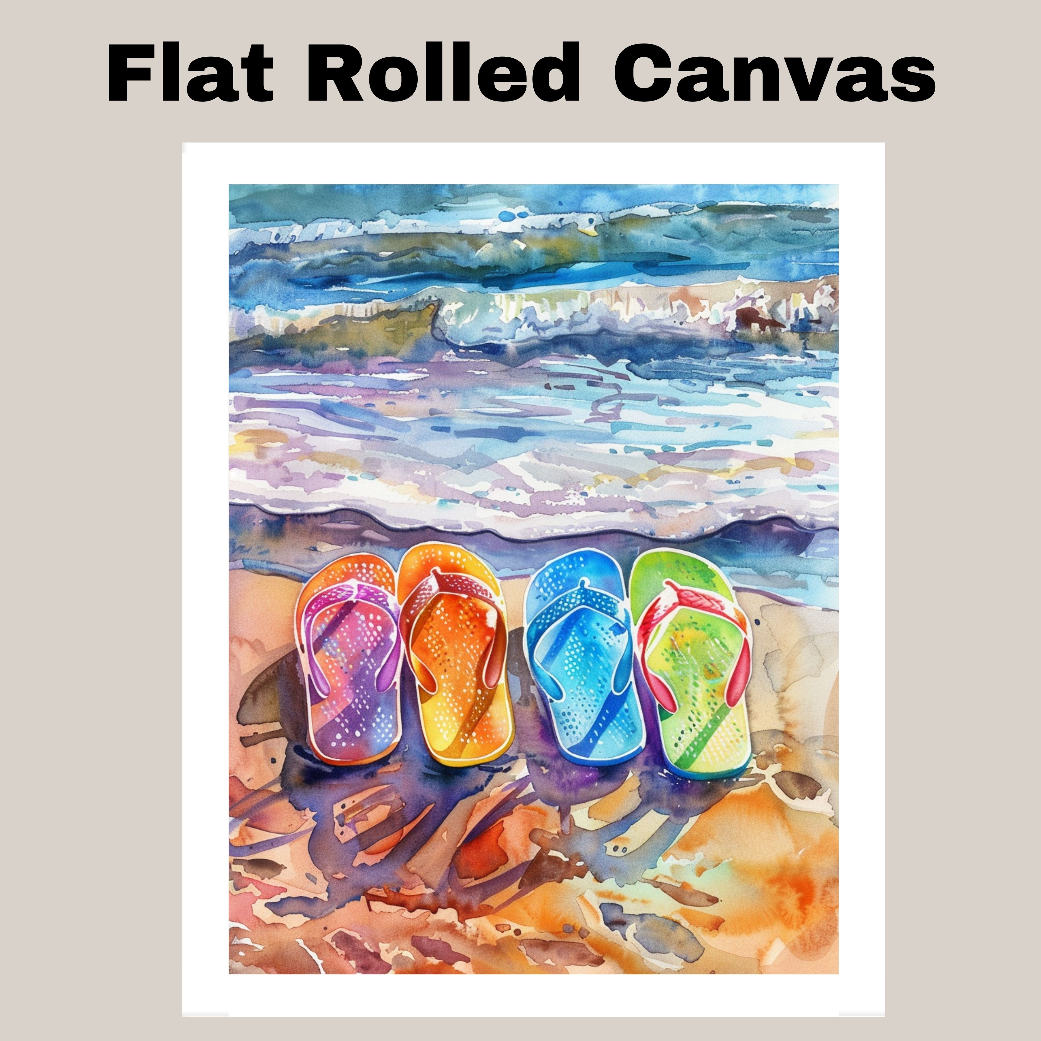 Flip Flops on a Sunset Beach with Ocean Waves in Watercolor Coastal Summer Art