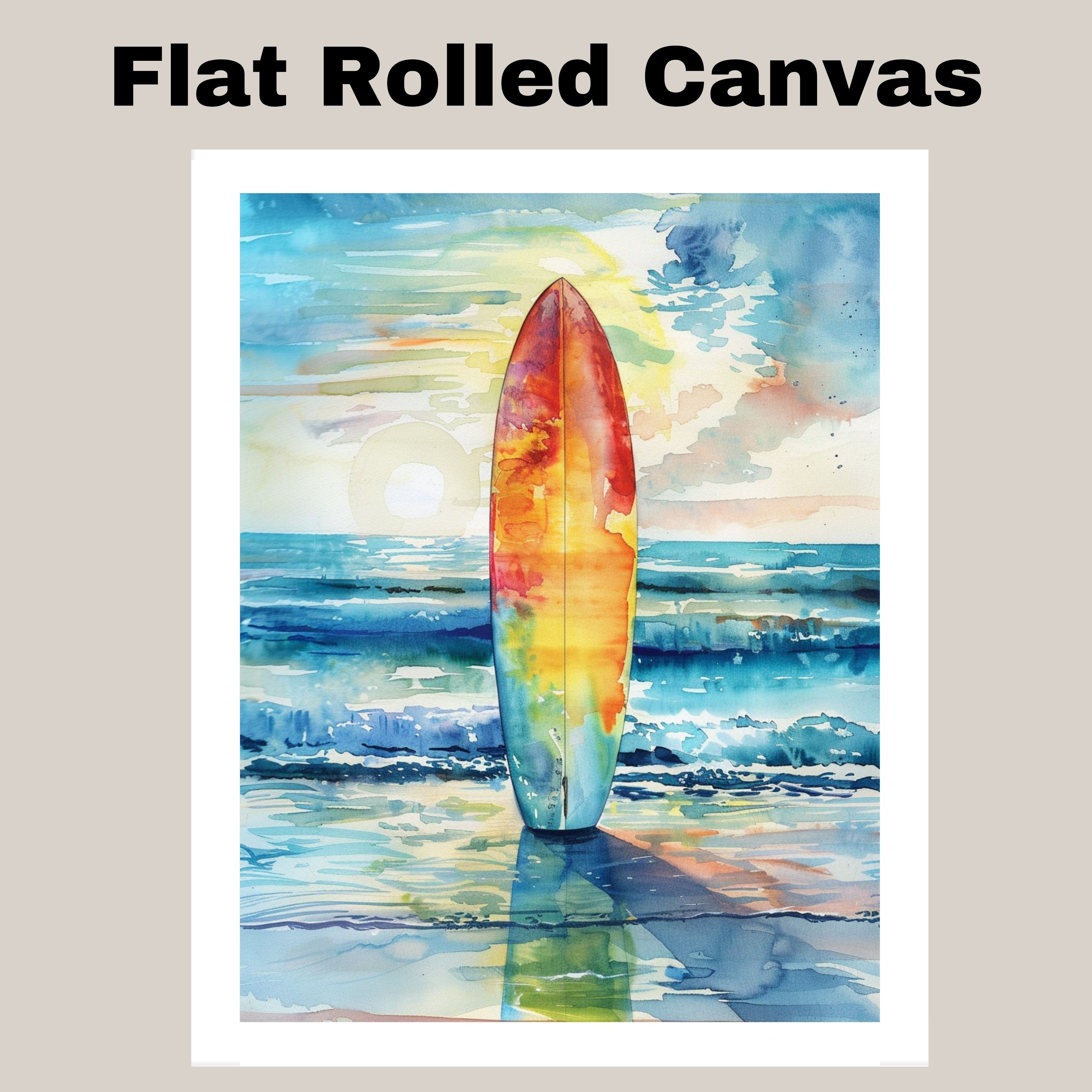 Sunset Surfboard Watercolor Canvas Wall Art Ocean Reflections Beach