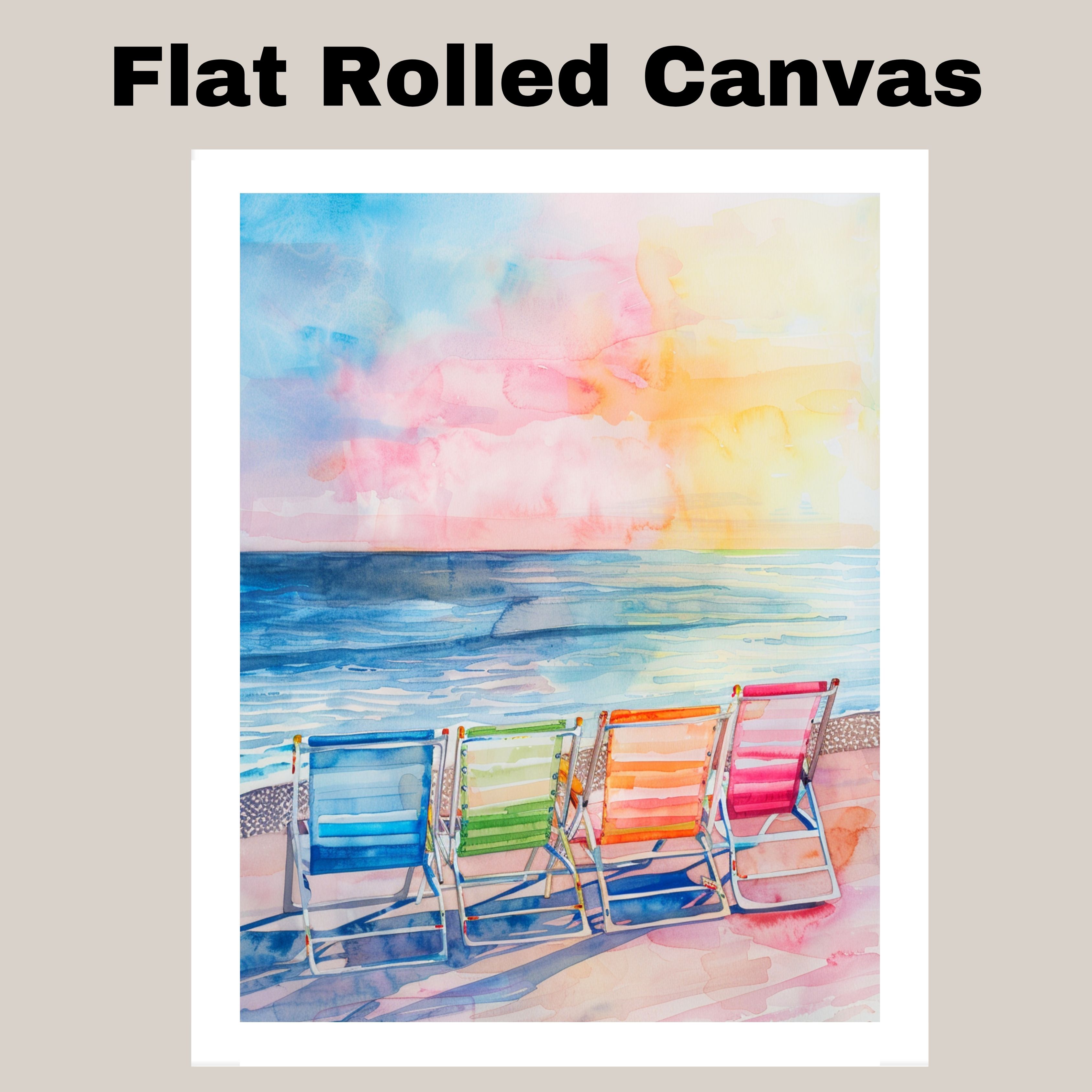 Rainbow Beach Chairs Canvas Wall Art Watercolor Coastal Sunset