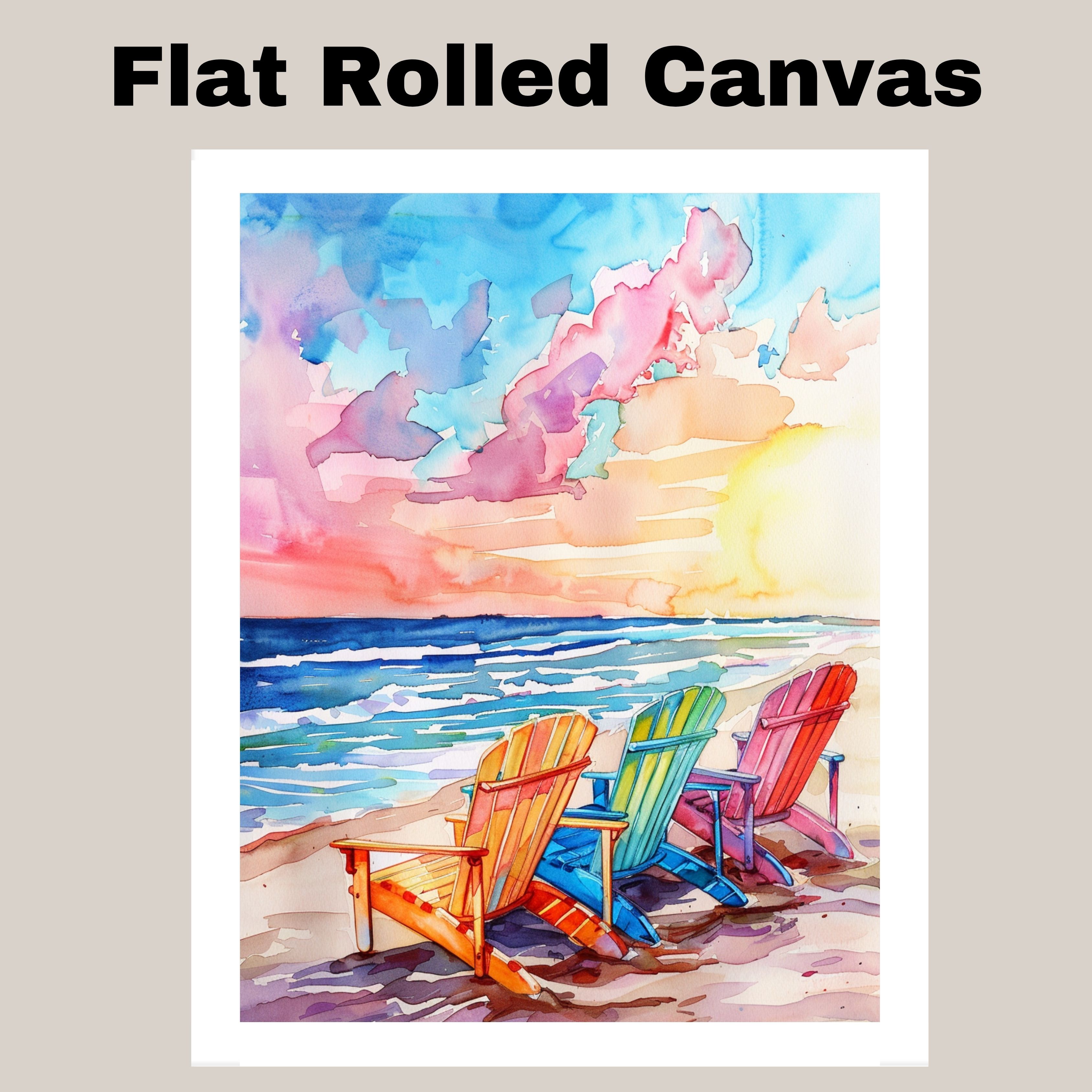 Rainbow Beach Chairs Watercolor Canvas Wall Art Ocean Sunset