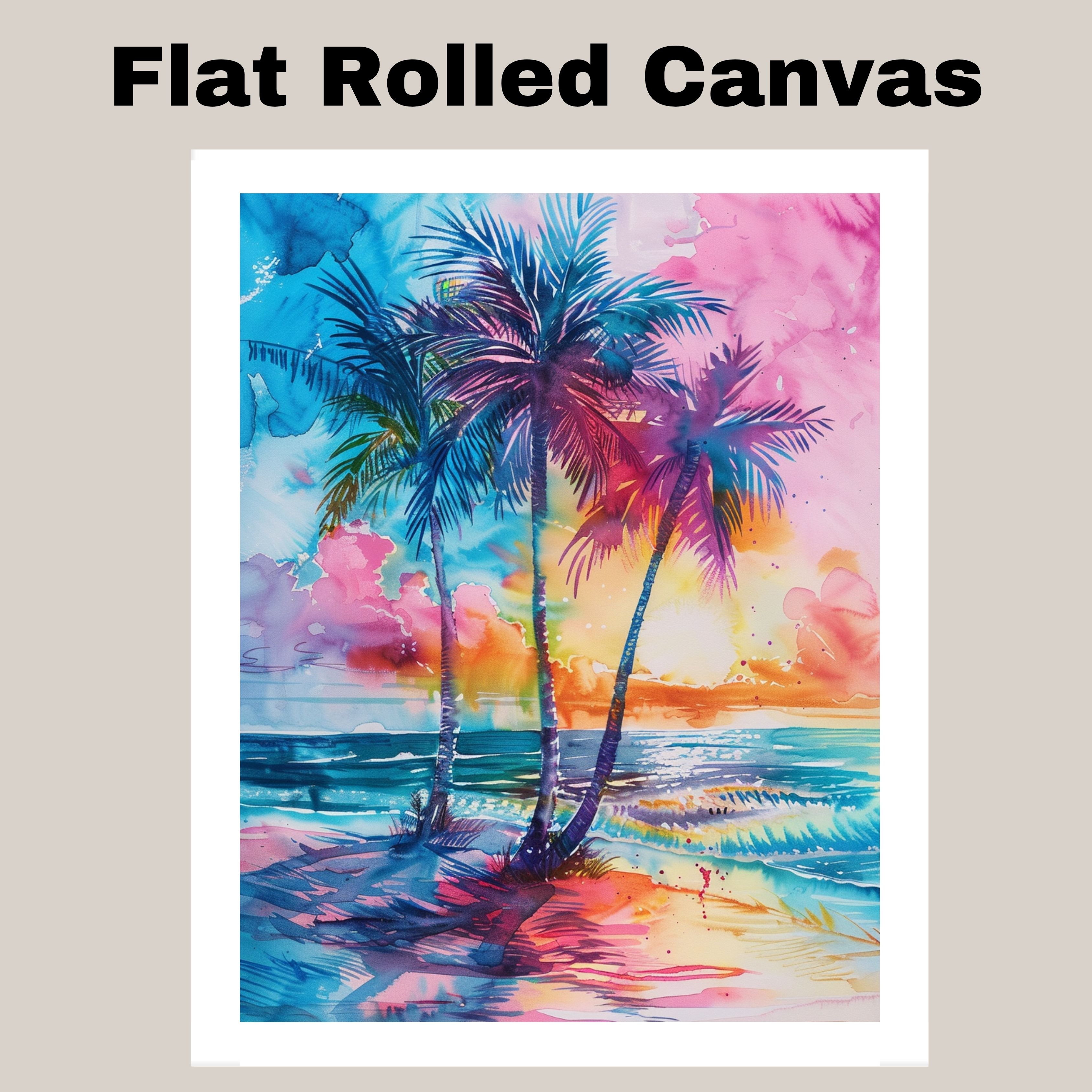 Rainbow Palm Trees at Sunset Tropical Watercolor Ocean Canvas Wall Art