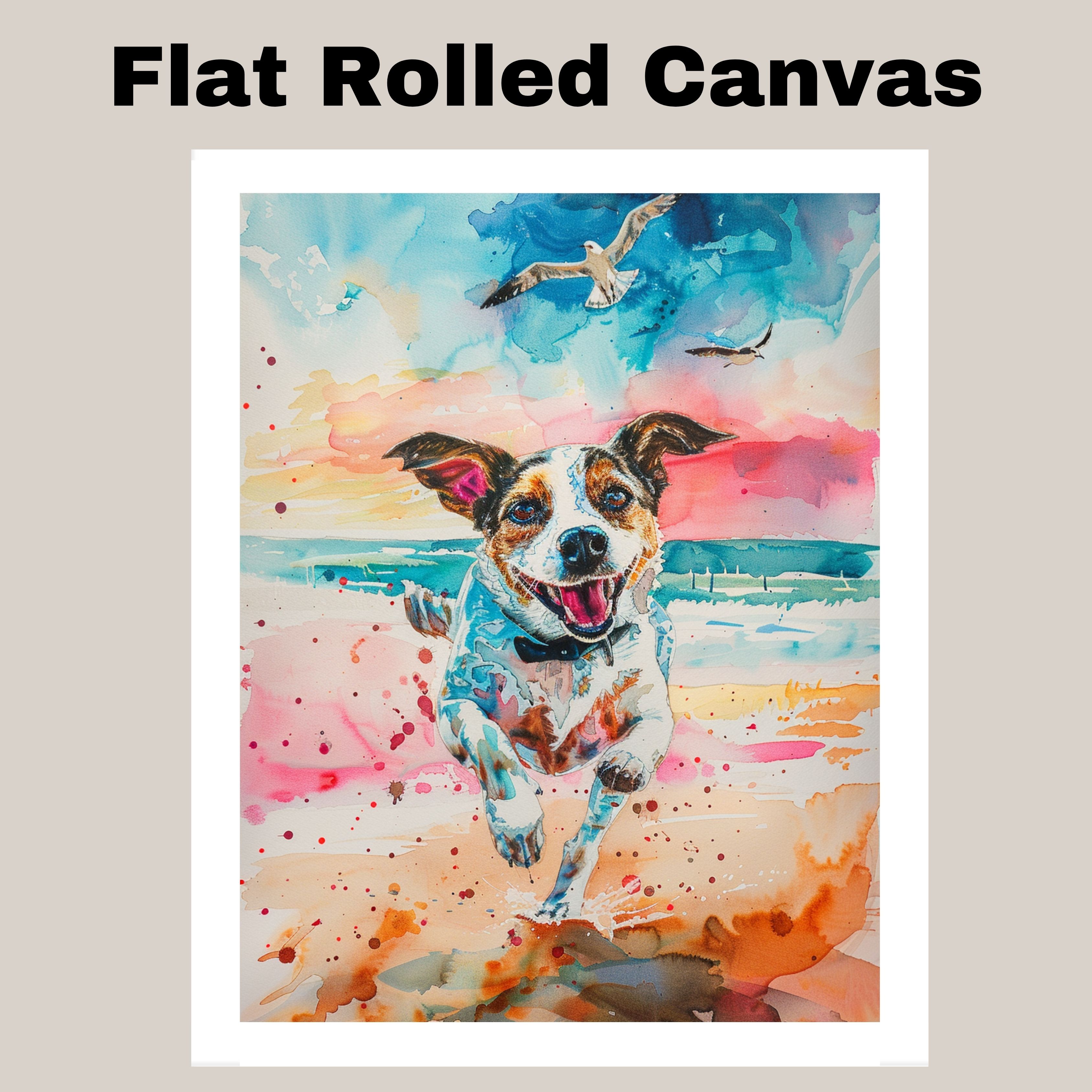 Watercolor Dog Running on Beach with Colorful Sky and Seagulls Pet Wall Art
