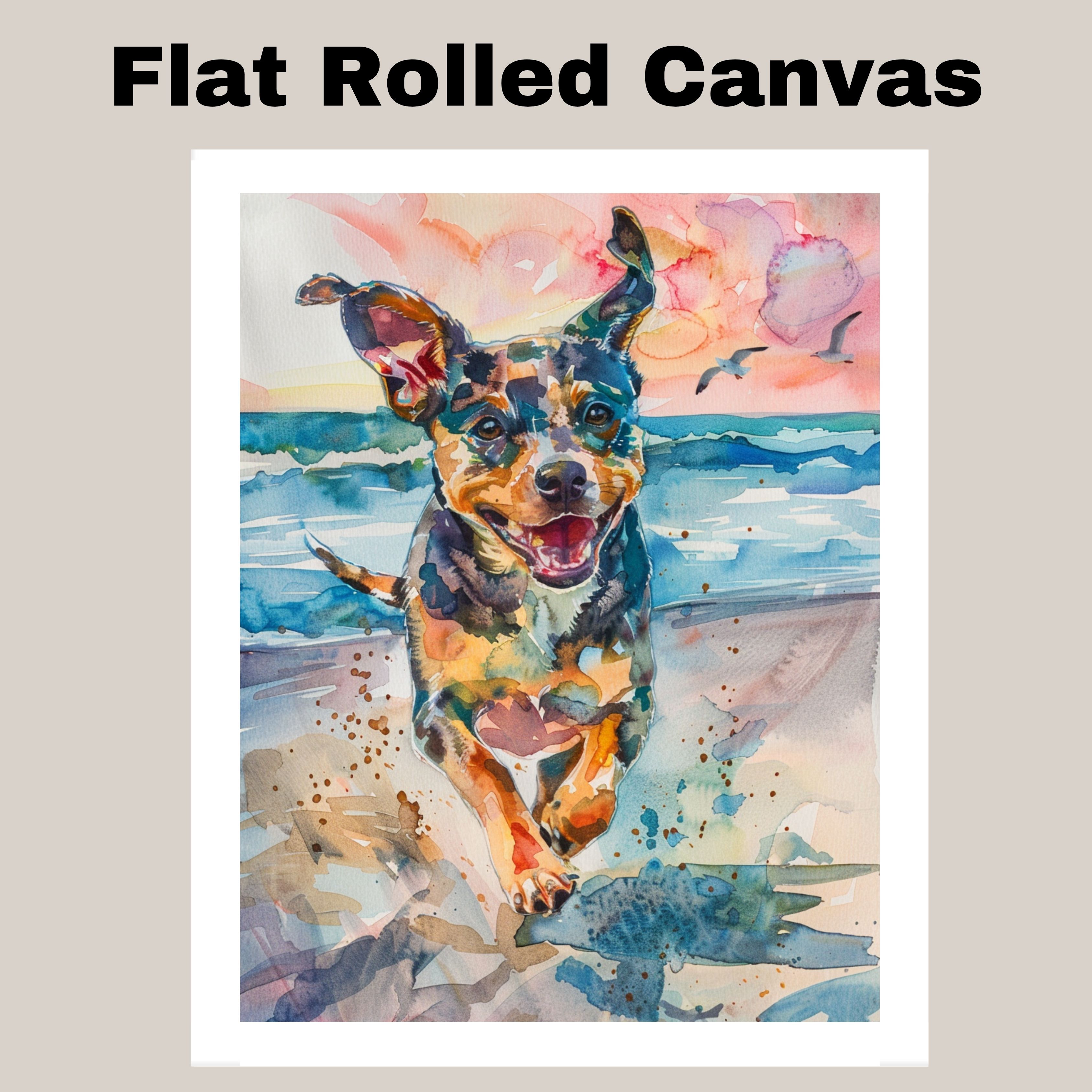 Watercolor Dog Running on Shore with Sunset and Birds Coastal Pet Canvas Art