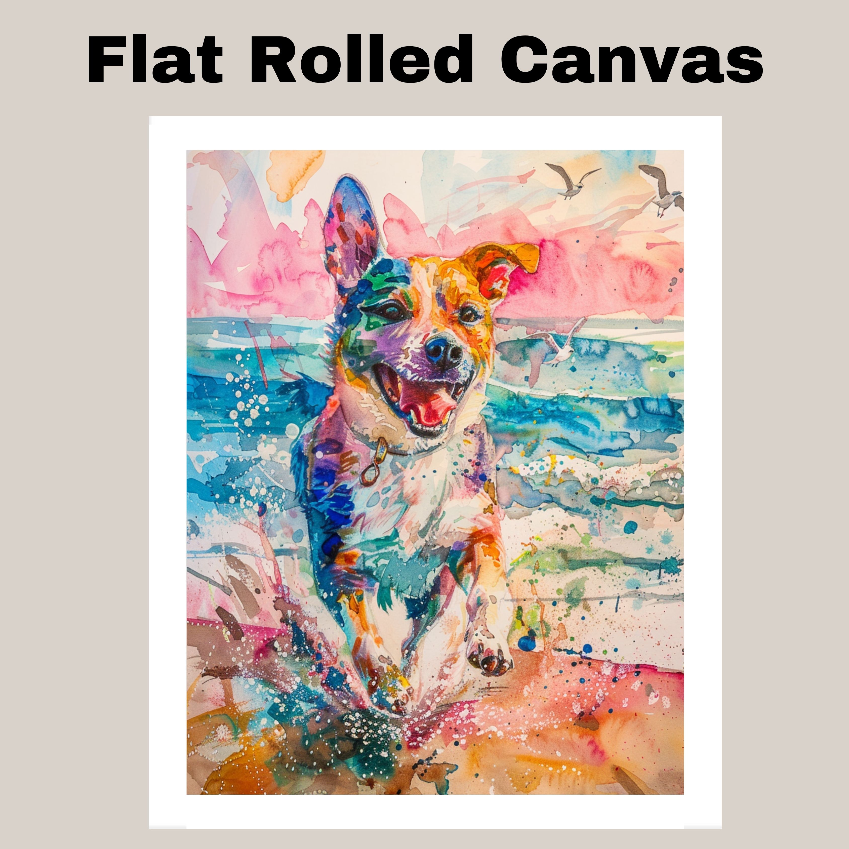 Watercolor Dog Splashing on Beach with Birds and Ocean Art for Pet Lovers