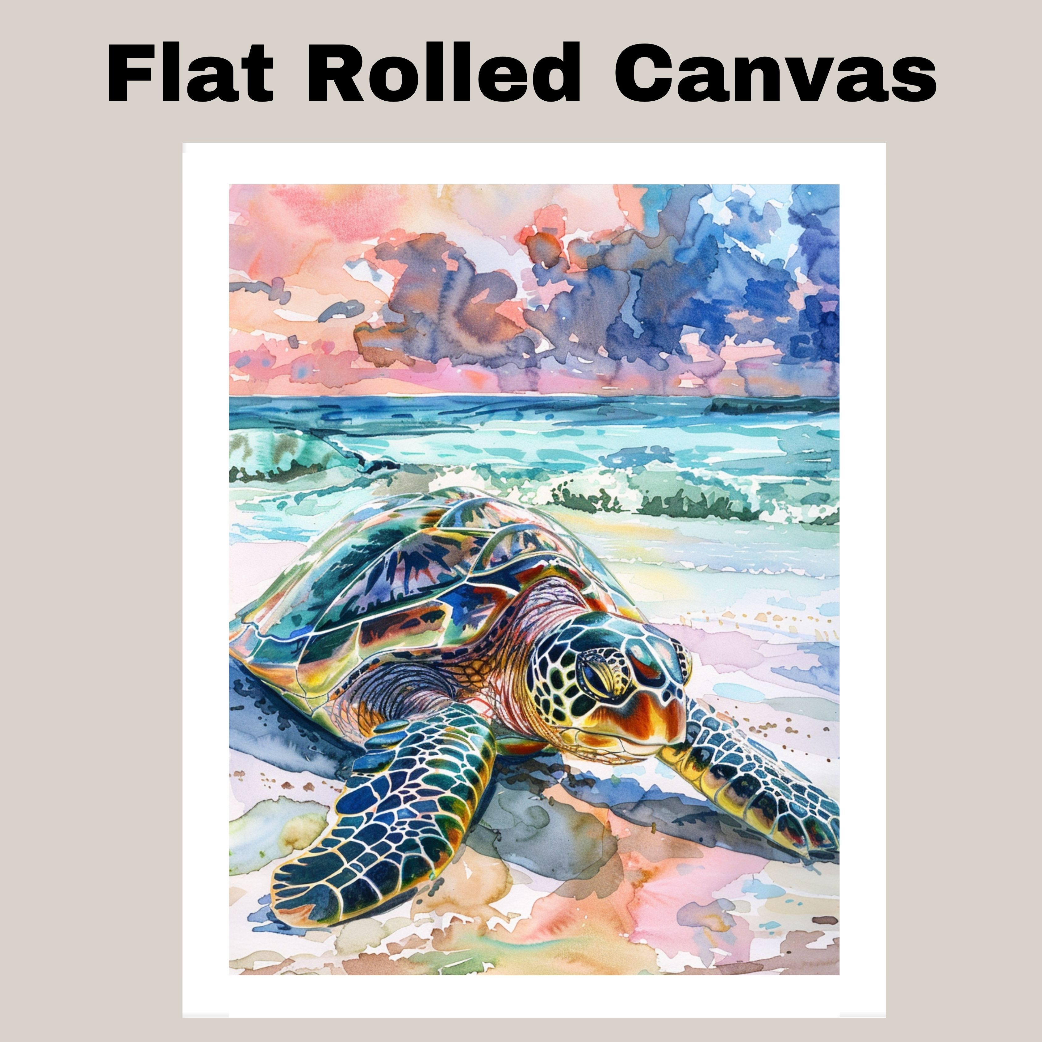 Watercolor Sea Turtle on Shore with Ocean Waves and Sunset Sky for Beach Lovers