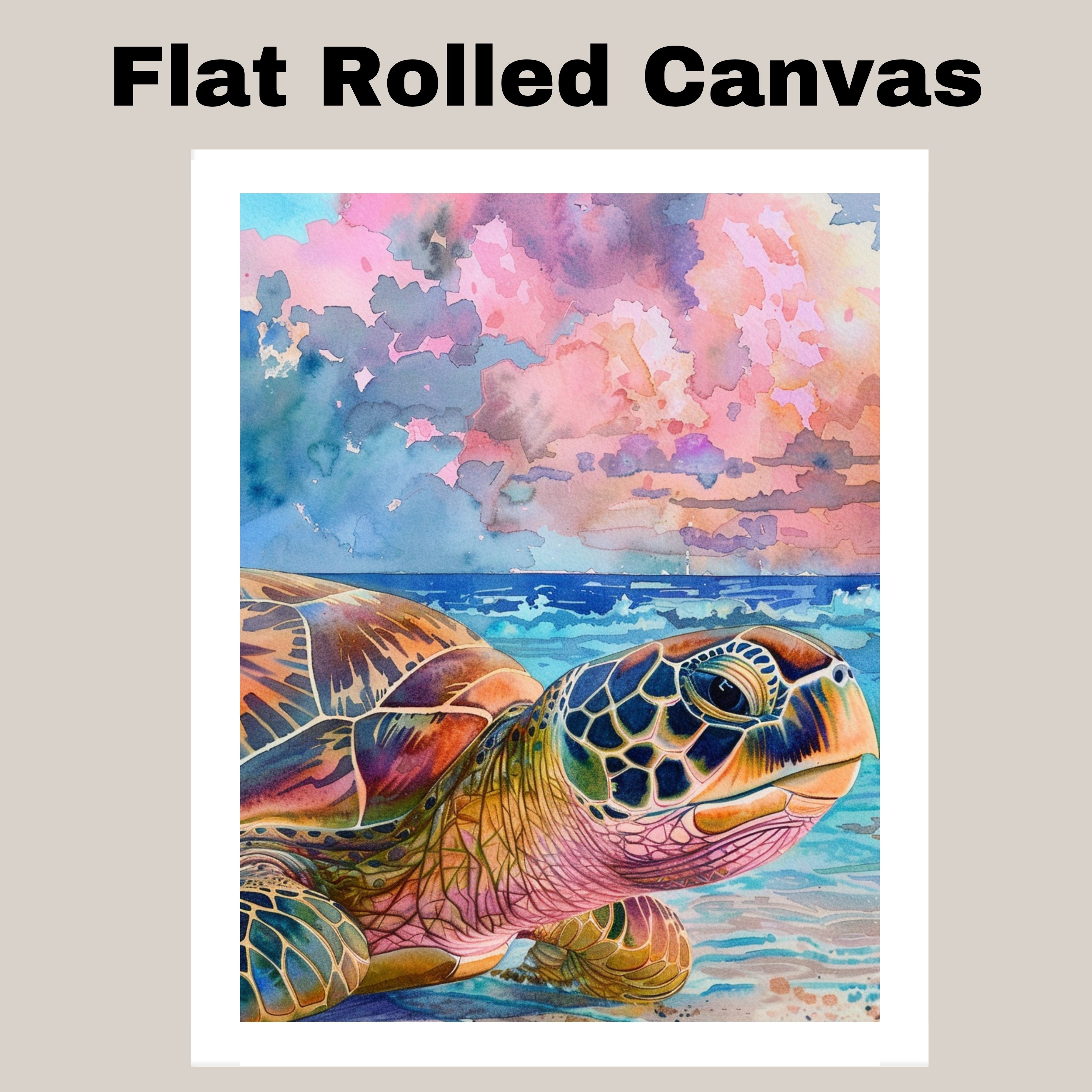Colorful Sea Turtle on Shoreline at Sunset in Watercolor Canvas Wall Art - Picture 18 of 19