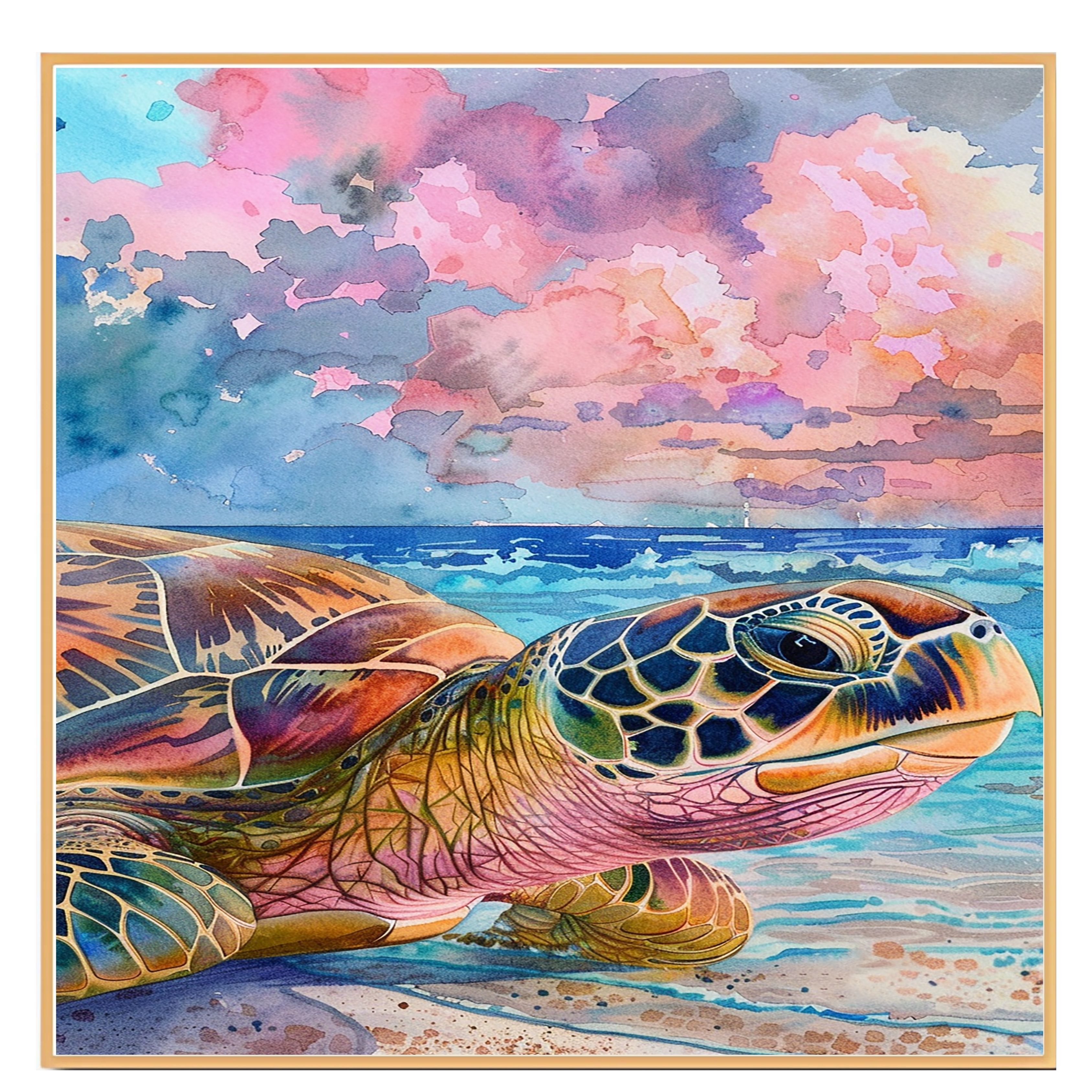 Colorful Sea Turtle on Shoreline at Sunset in Watercolor Canvas Wall Art - Picture 17 of 19