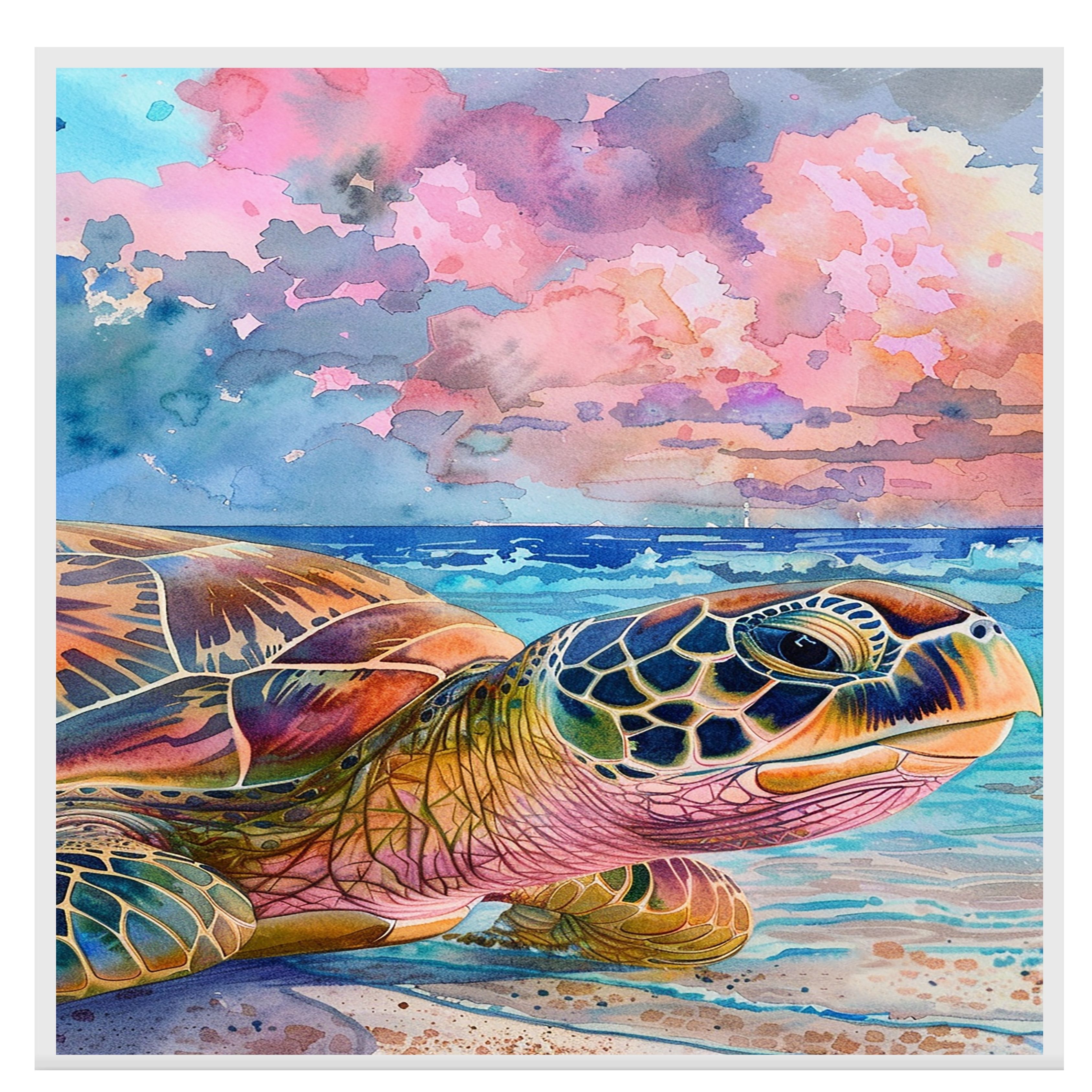 Colorful Sea Turtle on Shoreline at Sunset in Watercolor Canvas Wall Art - Picture 16 of 19