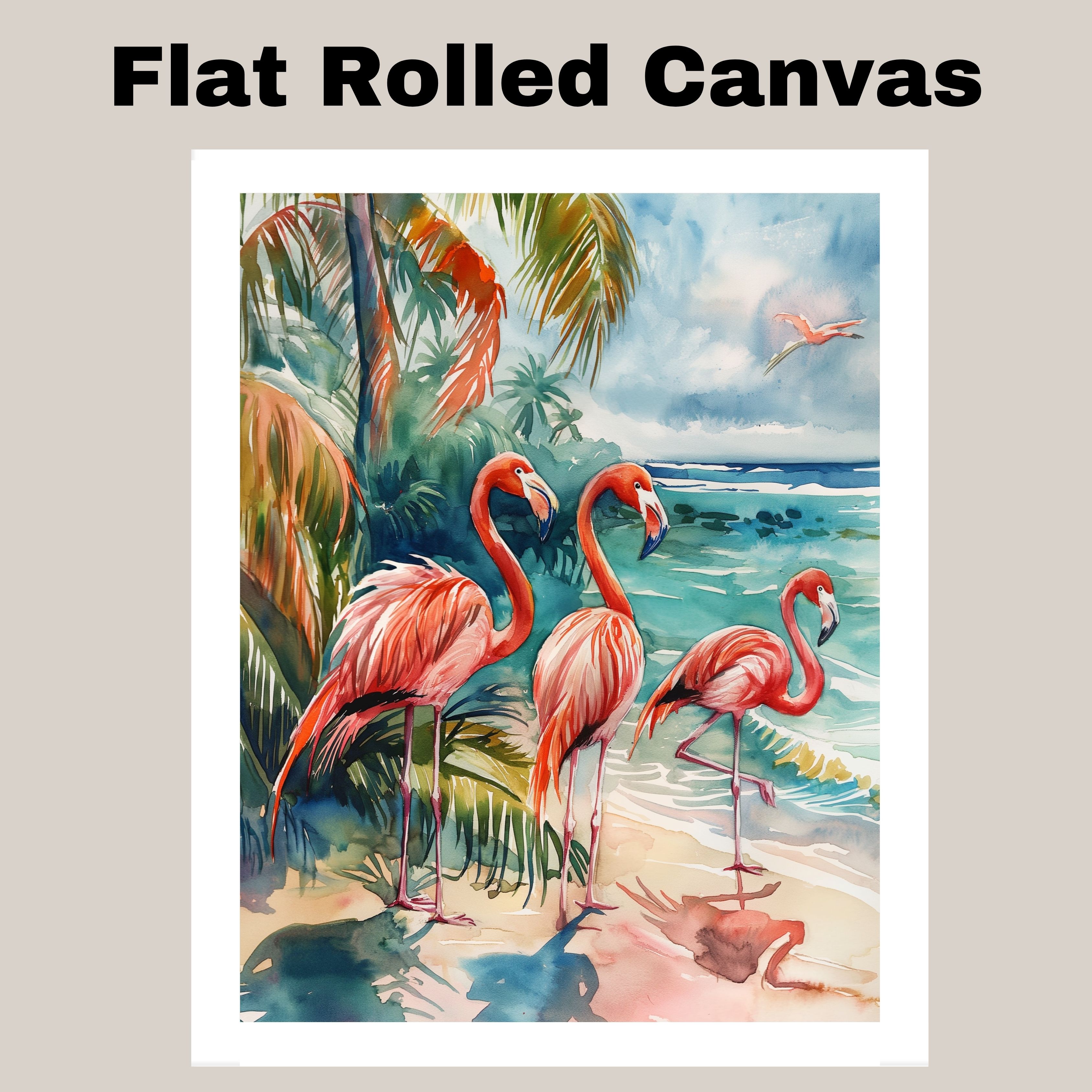 Watercolor Flamingos by Tropical Shoreline in Coastal Beach Canvas Art Print
