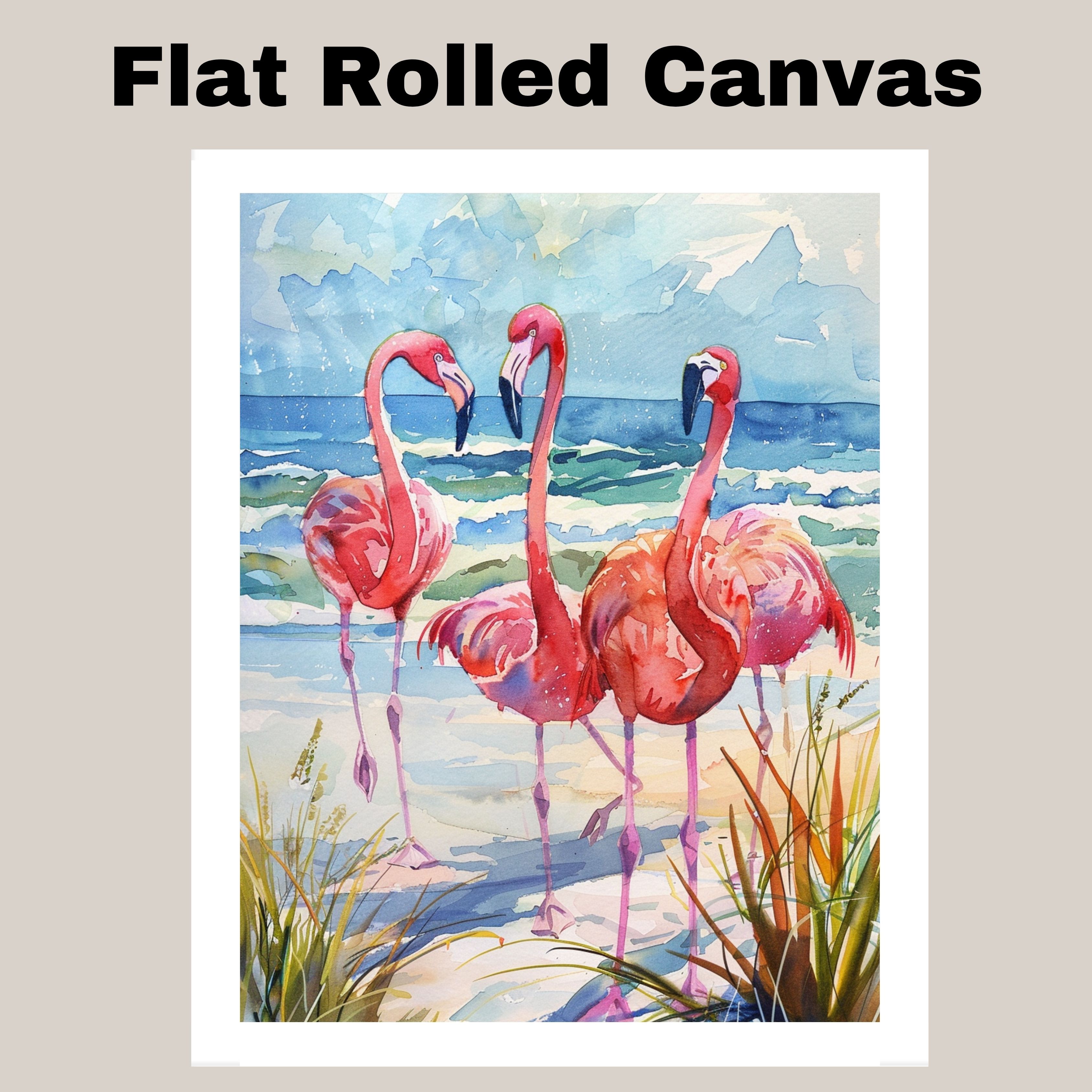 Flamingos on Beach with Ocean Waves and Coastal Grasses in Watercolor Wall Art