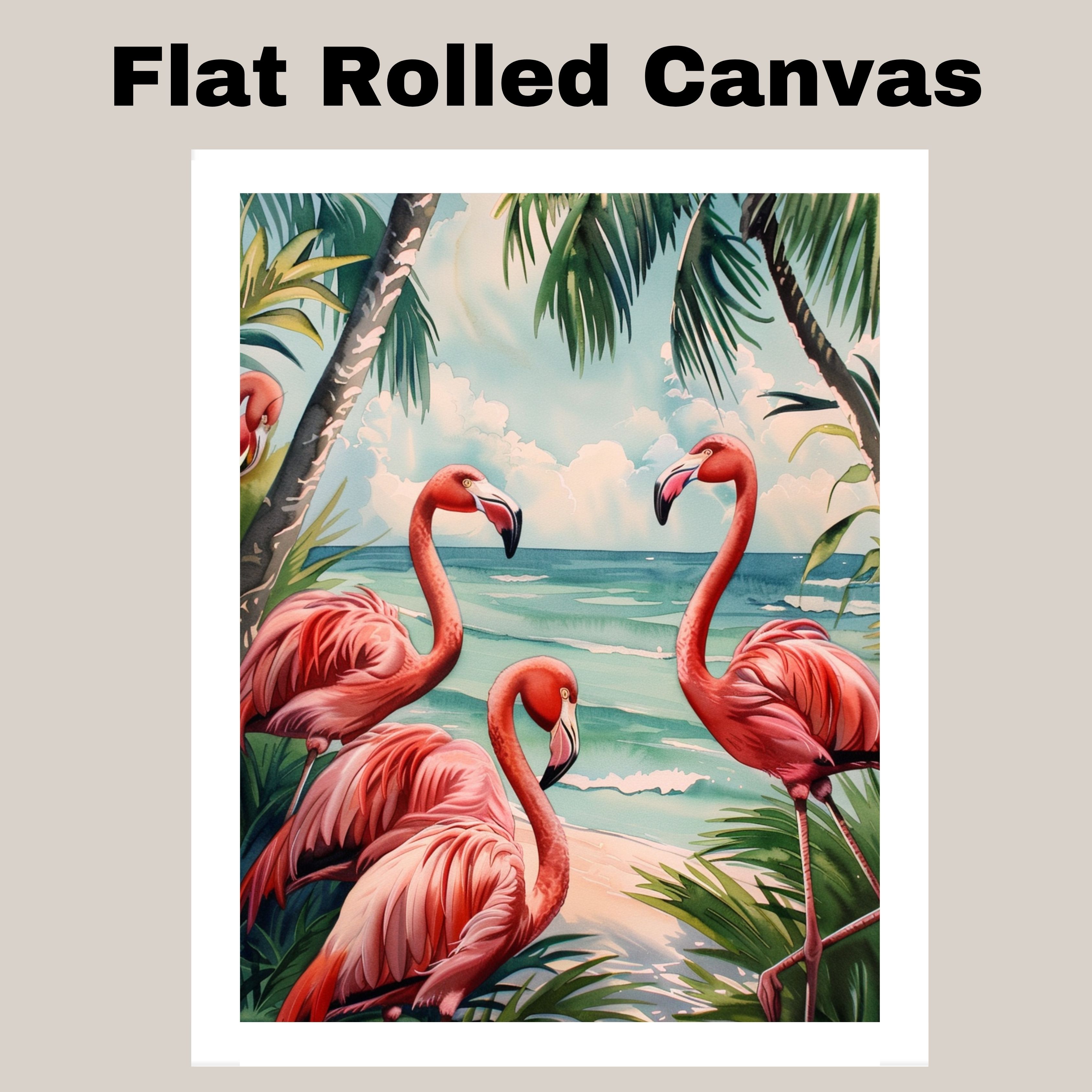 Tropical Flamingos on Beach with Palm Trees and Ocean Waves Canvas Wall Art