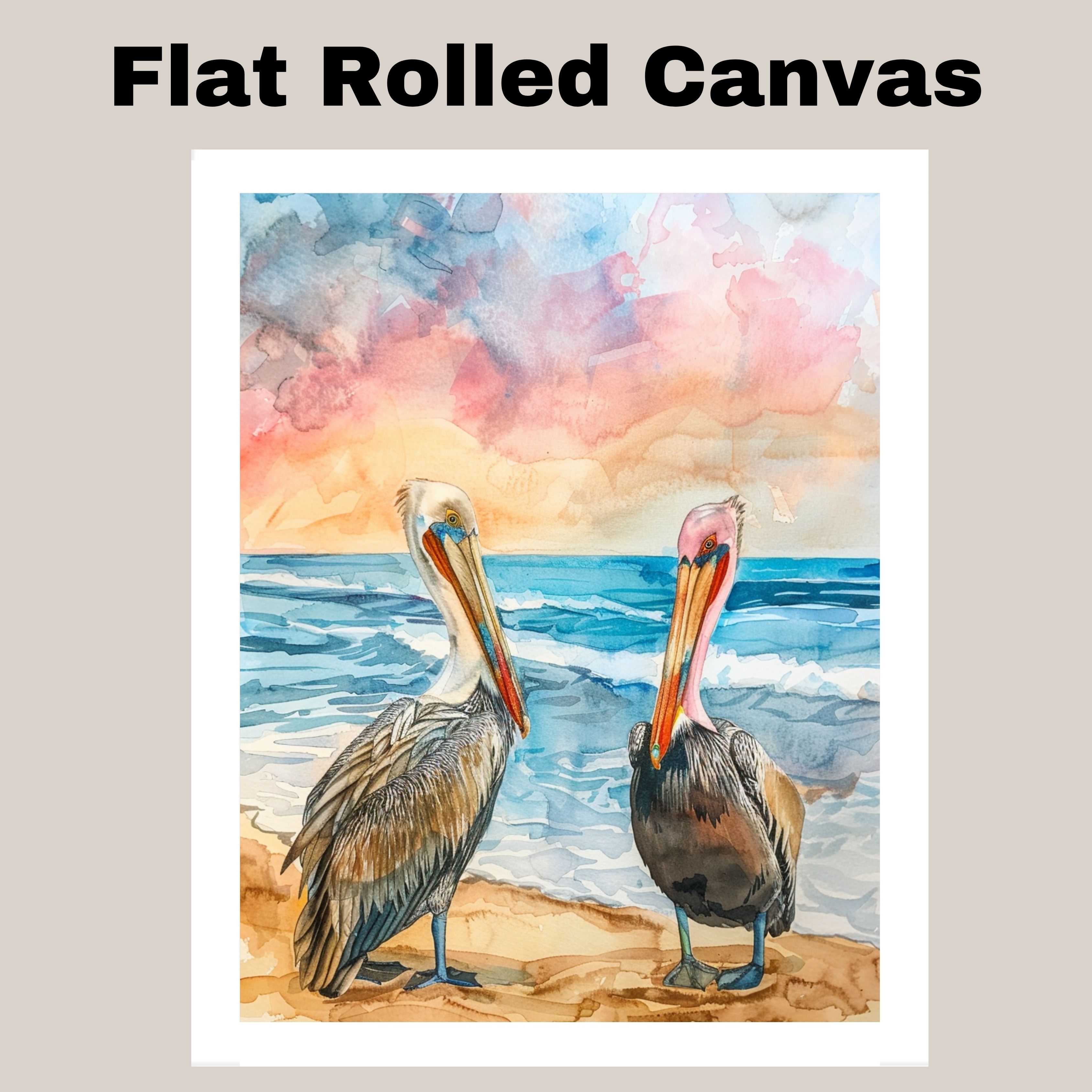 Two Colorful Pelicans on Sandy Beach with Ocean Waves and Sunset Sky Canvas Art