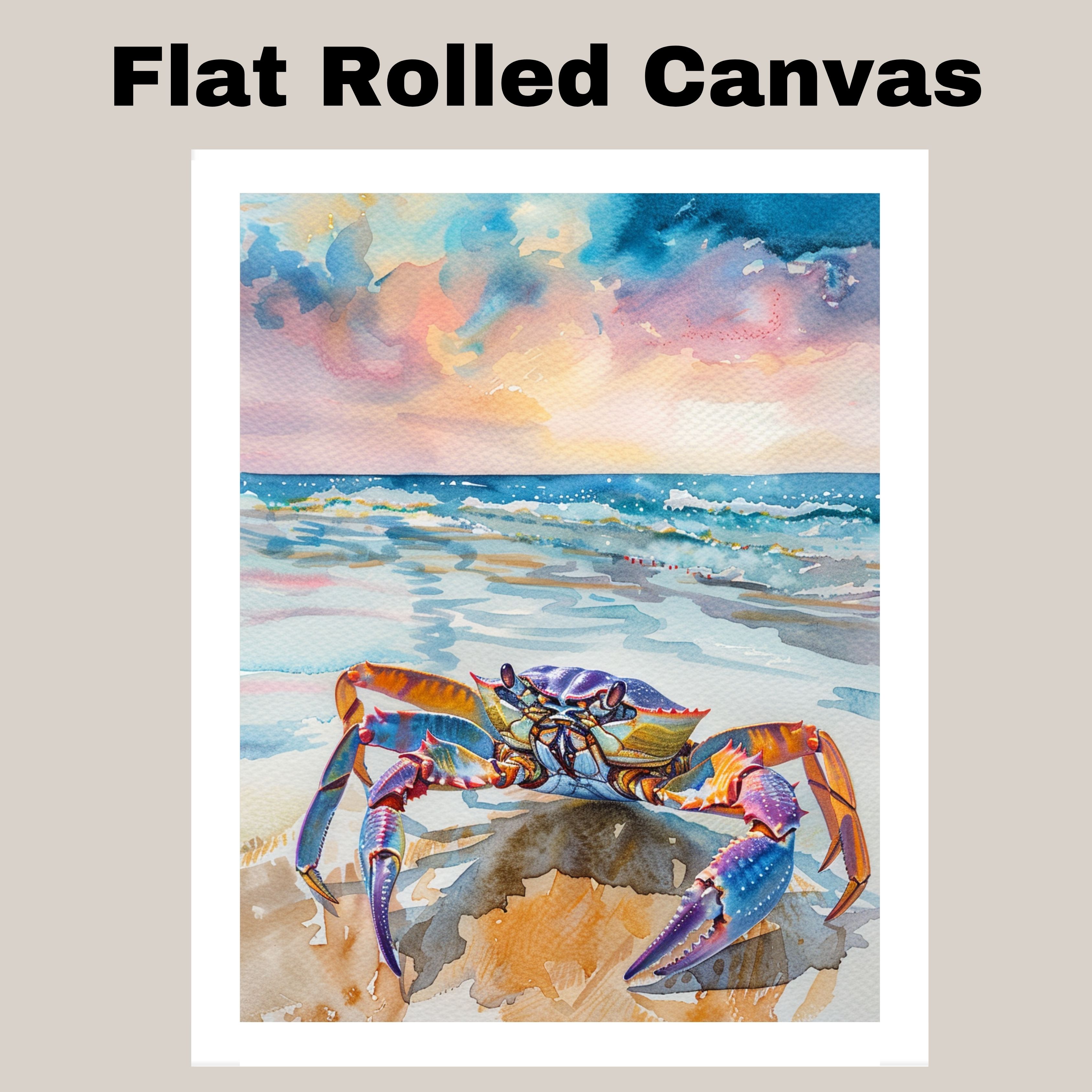 Watercolor Painting of Crab with Sunset Sky and Ocean Waves Coastal Wall Art