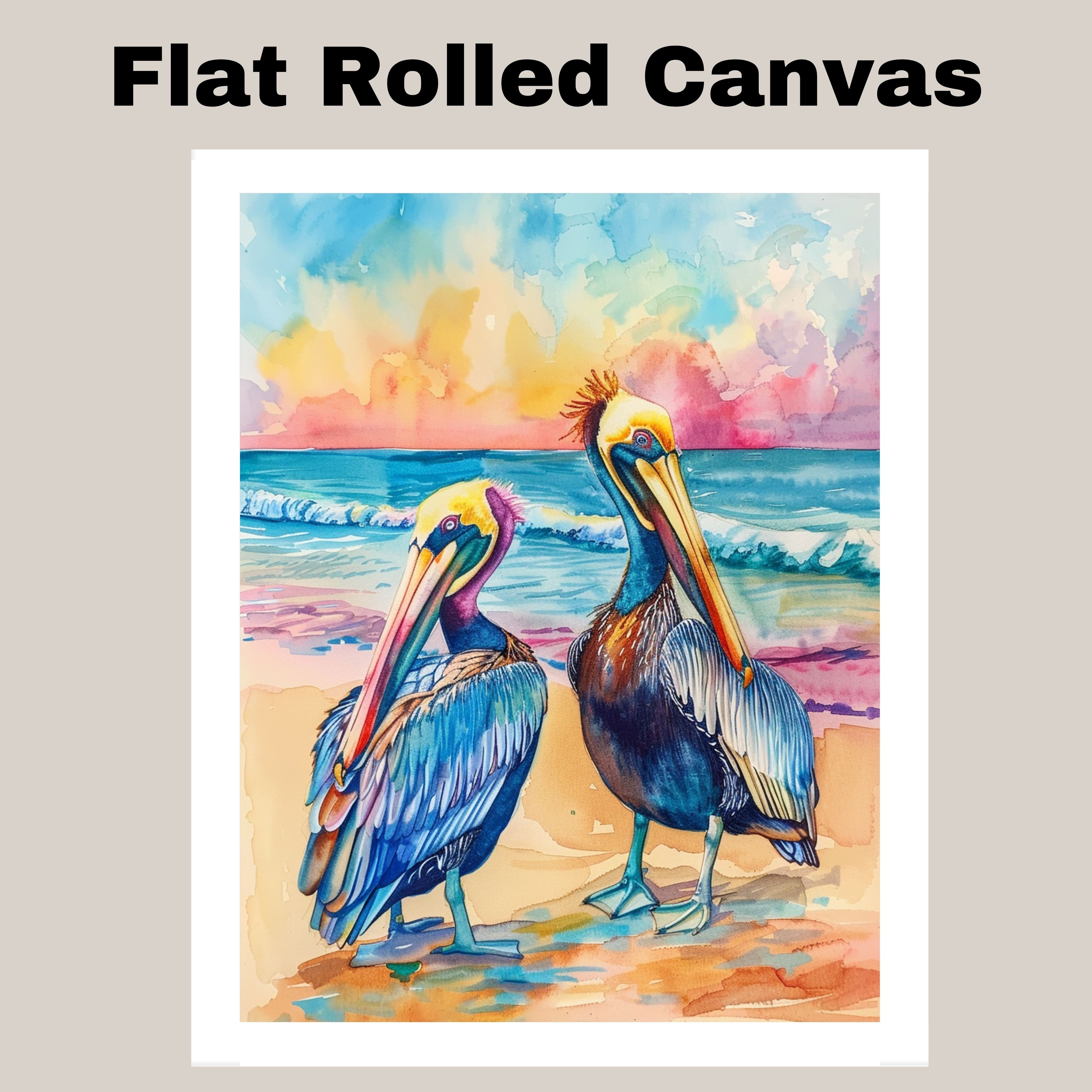 Two Vibrant Pelicans on a Beach with Ocean Waves and Sunset Sky Canvas Wall Art