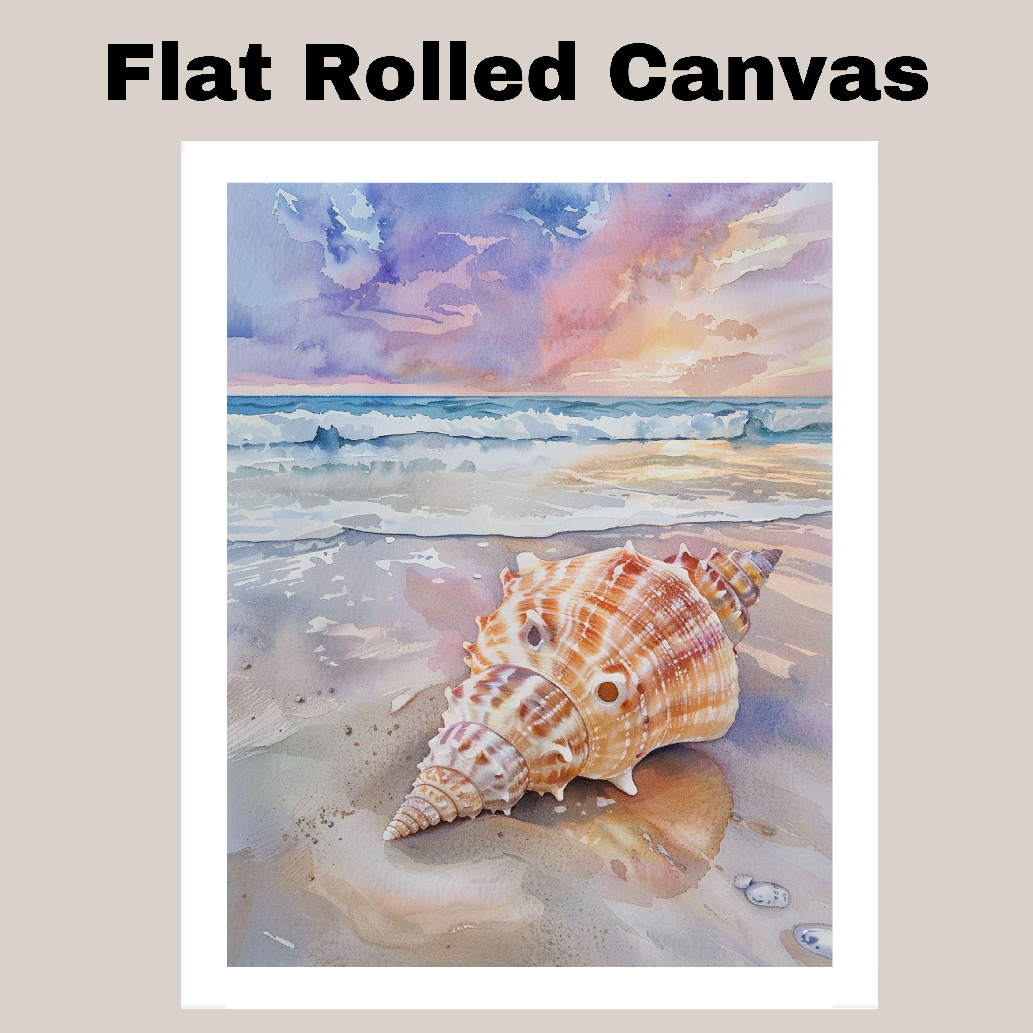 Watercolor Painting of a Multicolored Conch Shell on the Shore with Ocean Waves