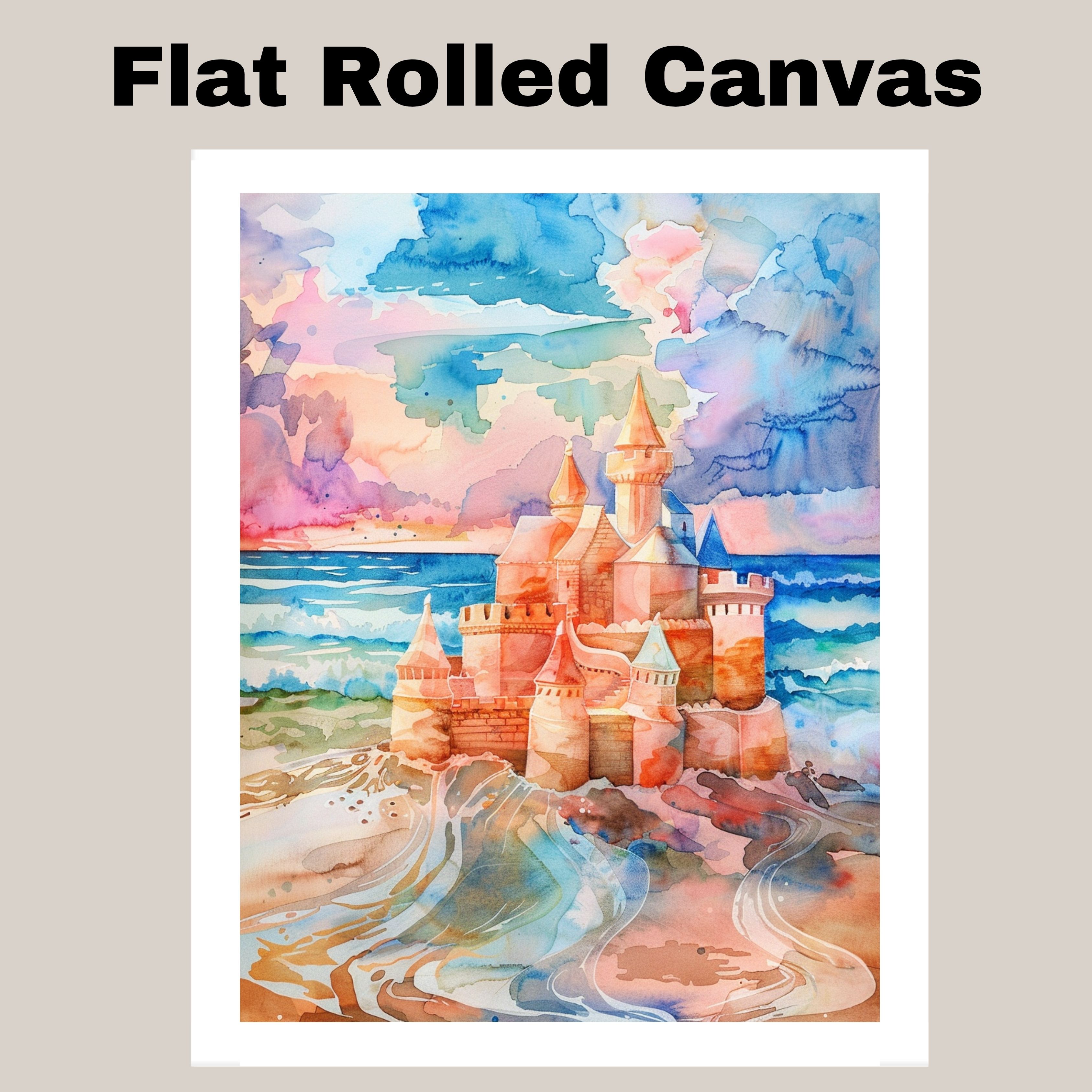 Watercolor Painting of a Multicolored Sandcastle by the Ocean Shore at Sunset