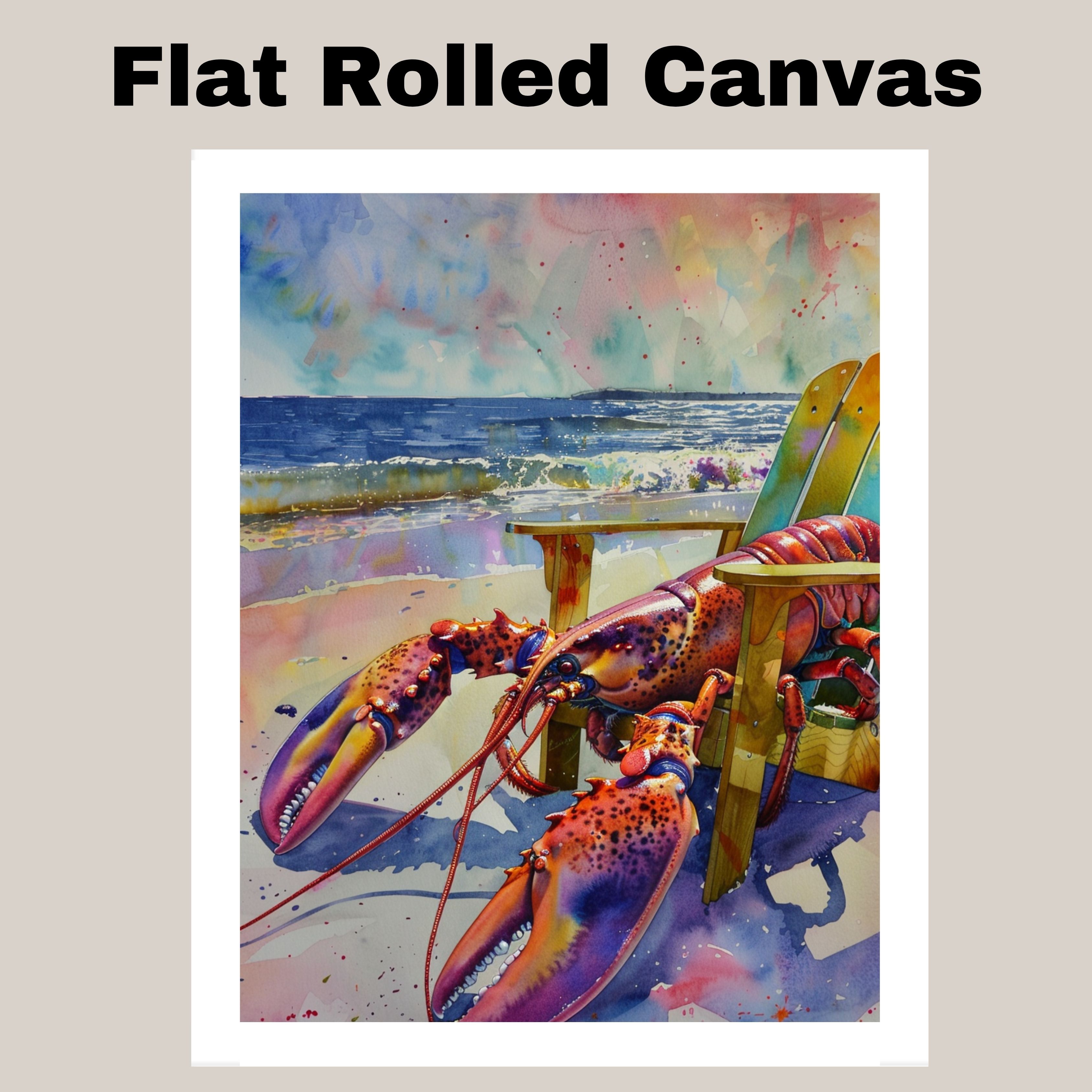 Watercolor Painting of a Lobster Relaxing in a Beach Chair by the Ocean Shore