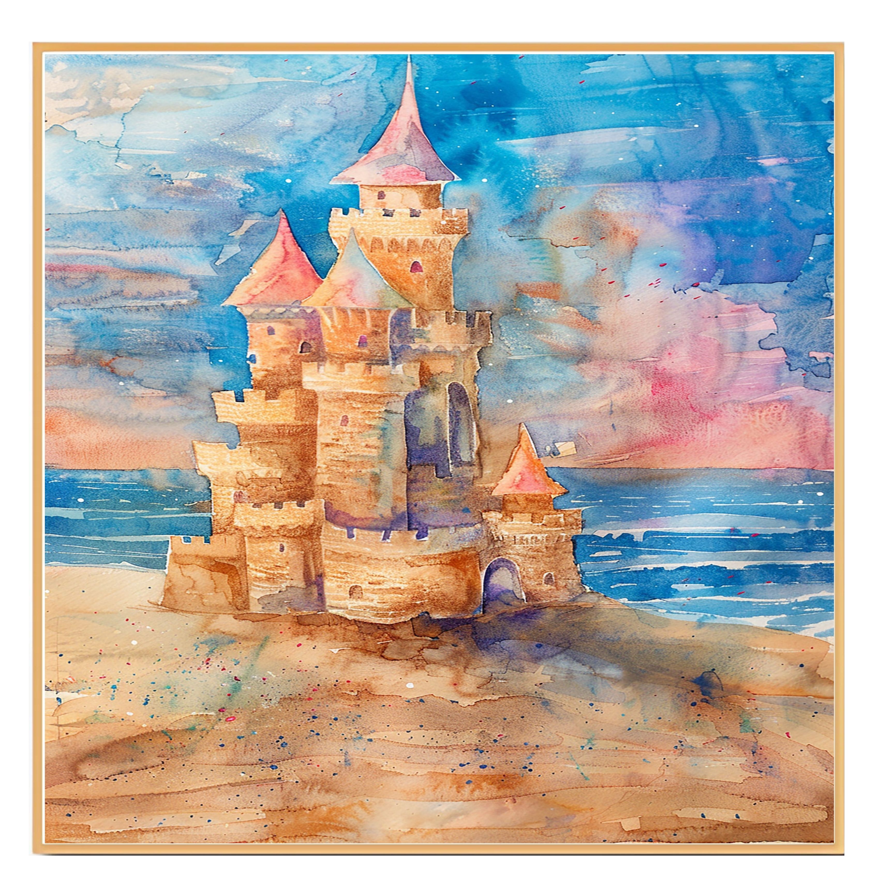Aquarell Gemälde einer Sandburg am Meer mit Türmchen und Ozeankulisse - Bild 17 von 19