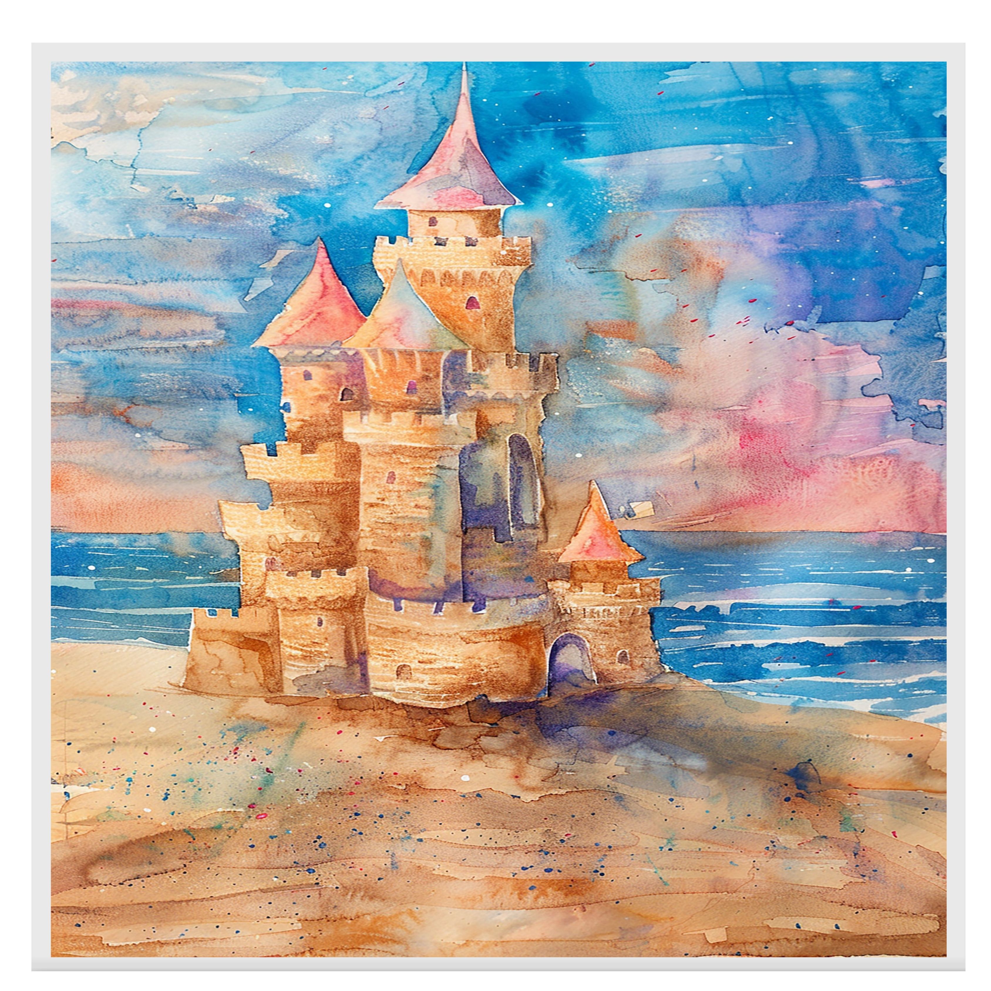 Aquarell Gemälde einer Sandburg am Meer mit Türmchen und Ozeankulisse - Bild 16 von 19