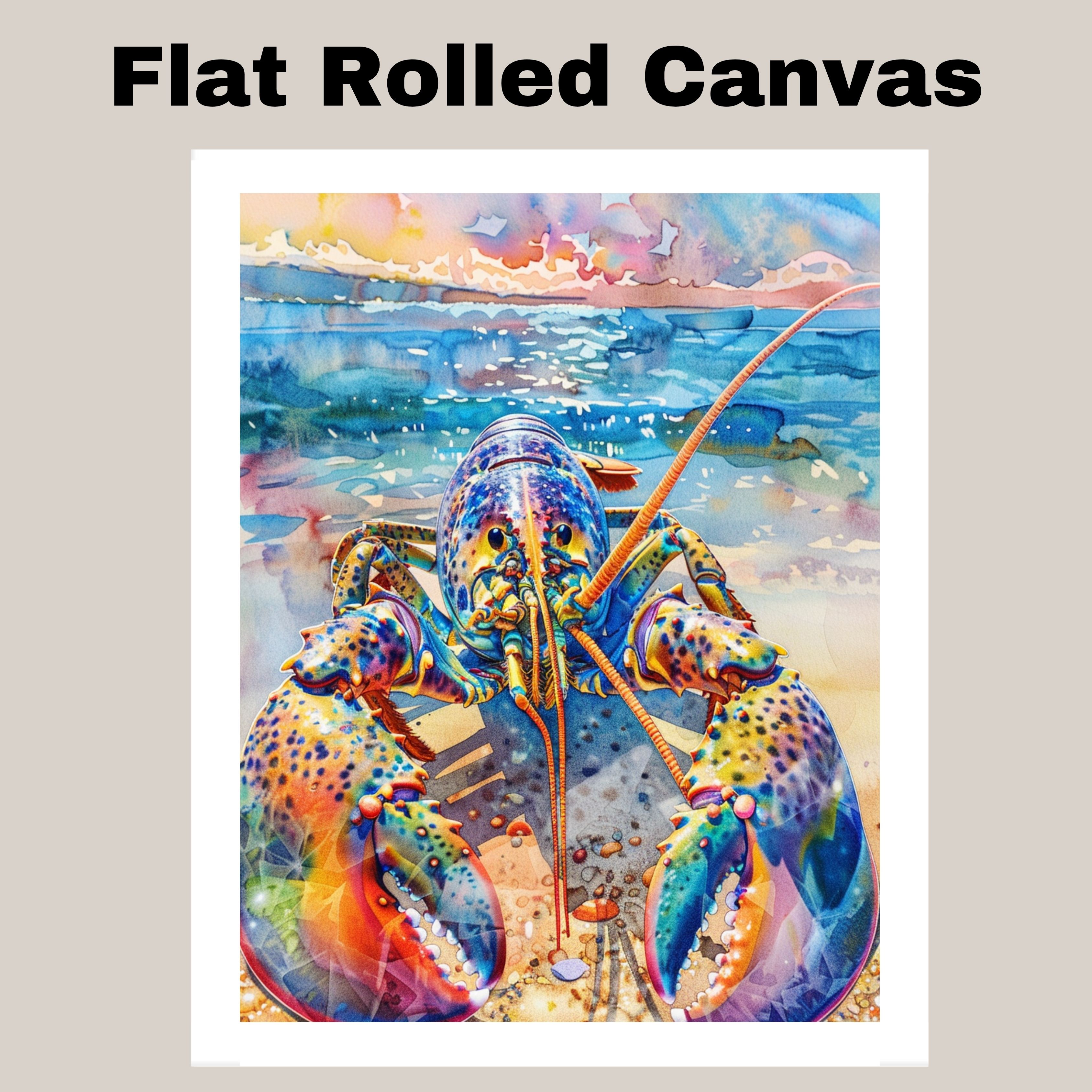 Watercolor Painting of a Lobster on the Shore with Ocean Reflections Canvas Art