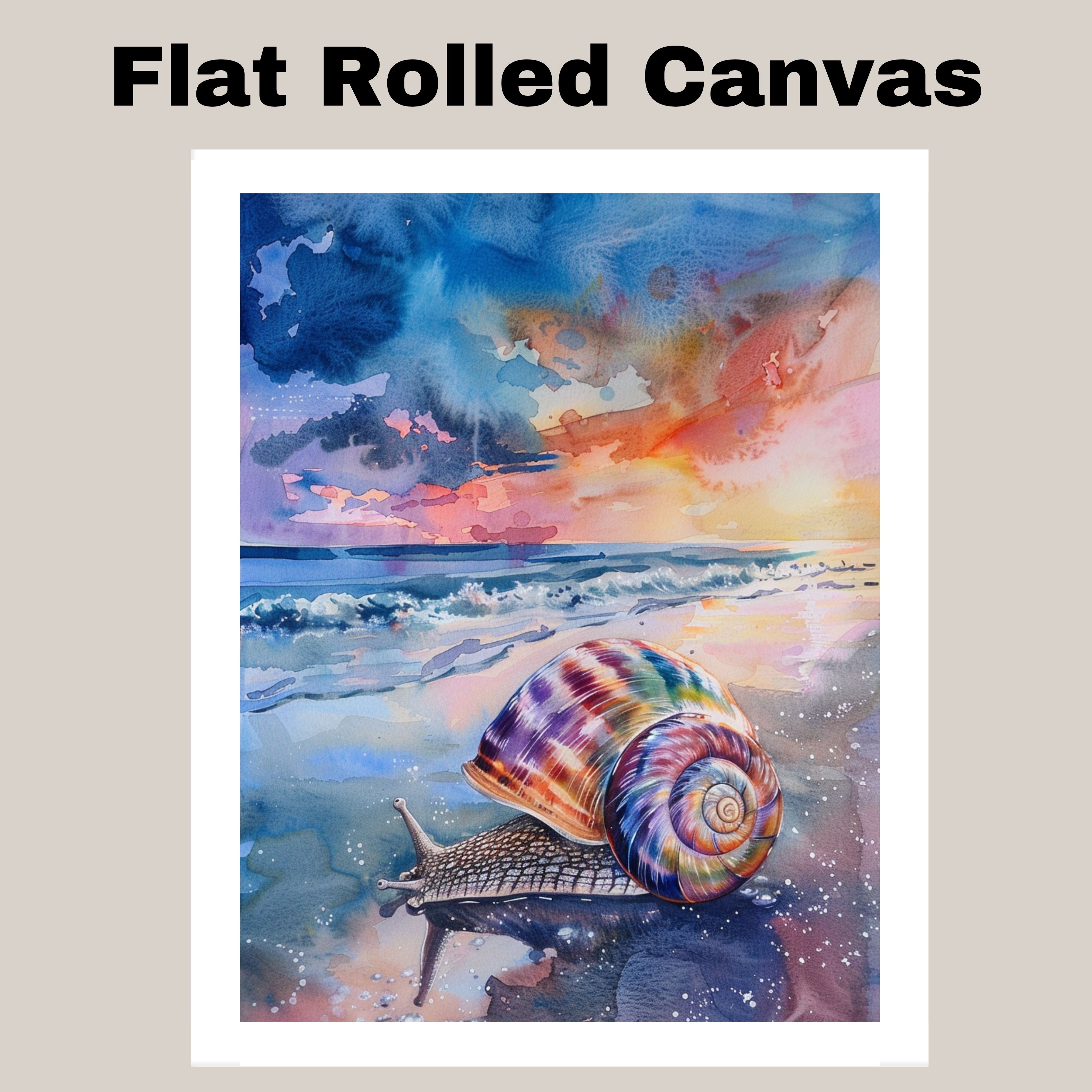 Watercolor Painting of a Multicolored Snail with Spiral Shell Crawling on Beach