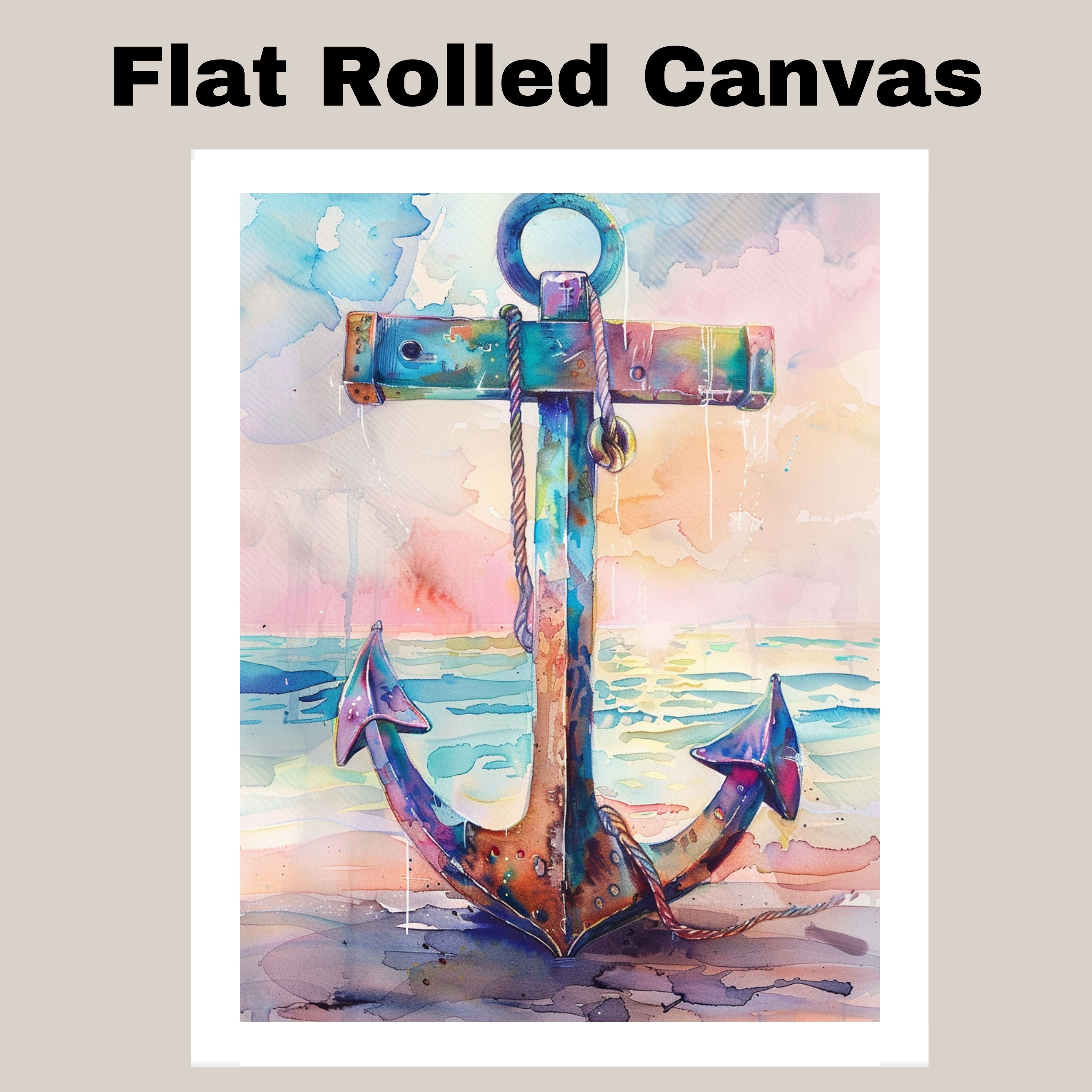 Watercolor Painting of a Multicolored Anchor on the Shore with Ocean Reflections