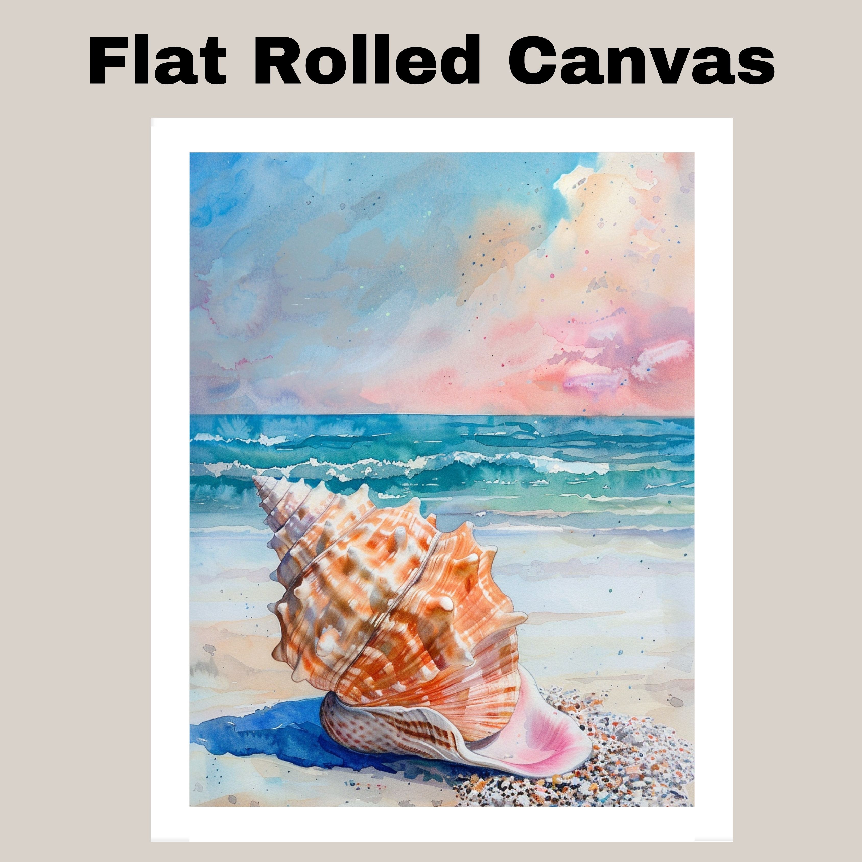 Watercolor Painting of a Large Orange Seashell on Sandy Beach with Ocean Waves