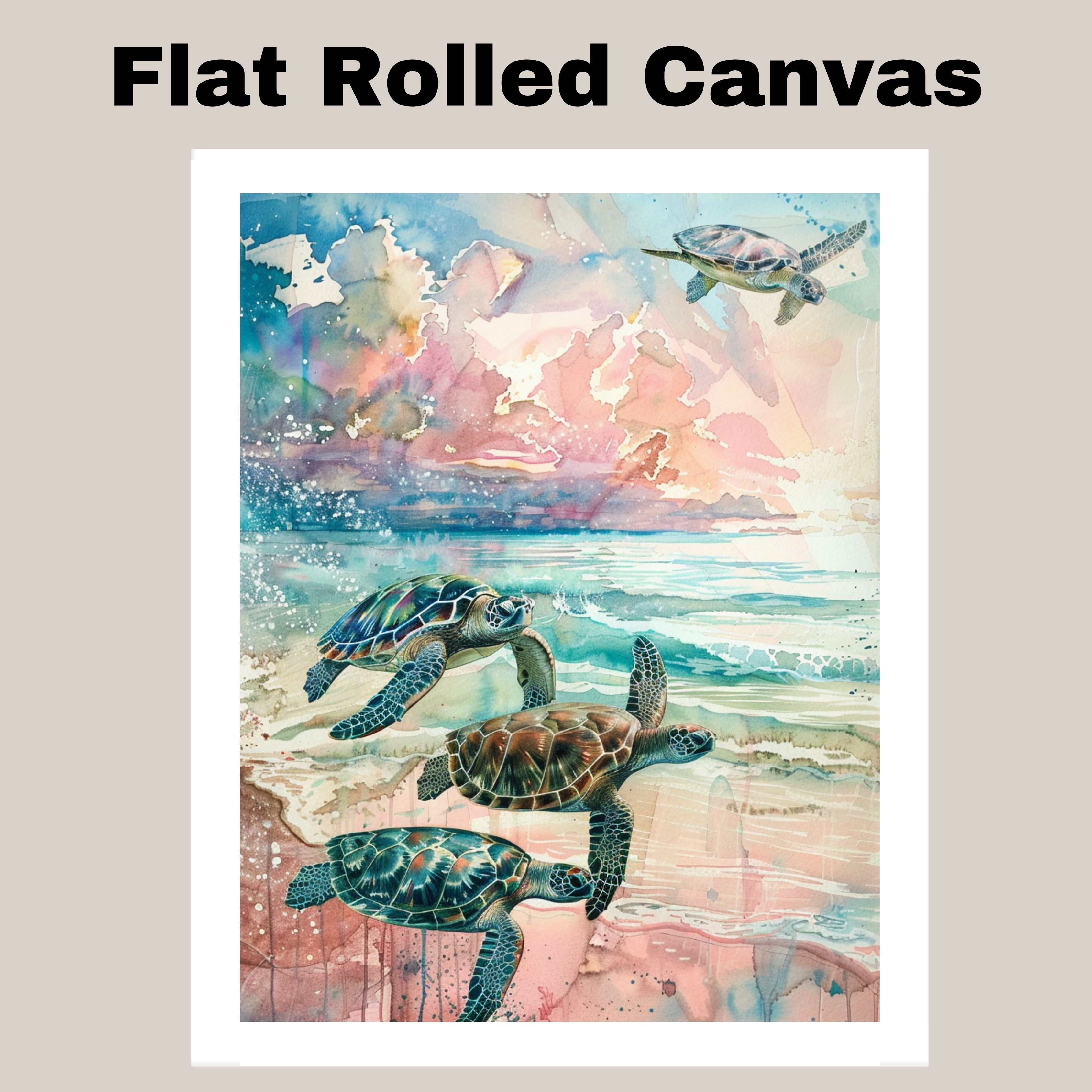 Four Sea Turtles Swimming in a Pastel Ocean Watercolor Canvas Wall Art
