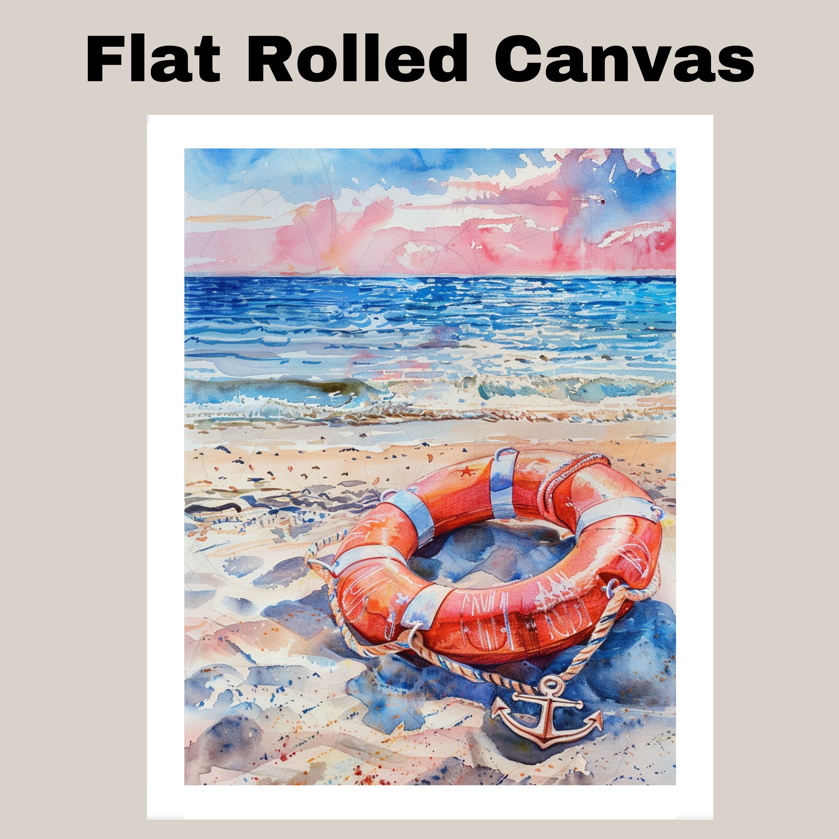 Watercolor Painting of a Life Ring with Anchor on Sandy Beach Beside Ocean Waves