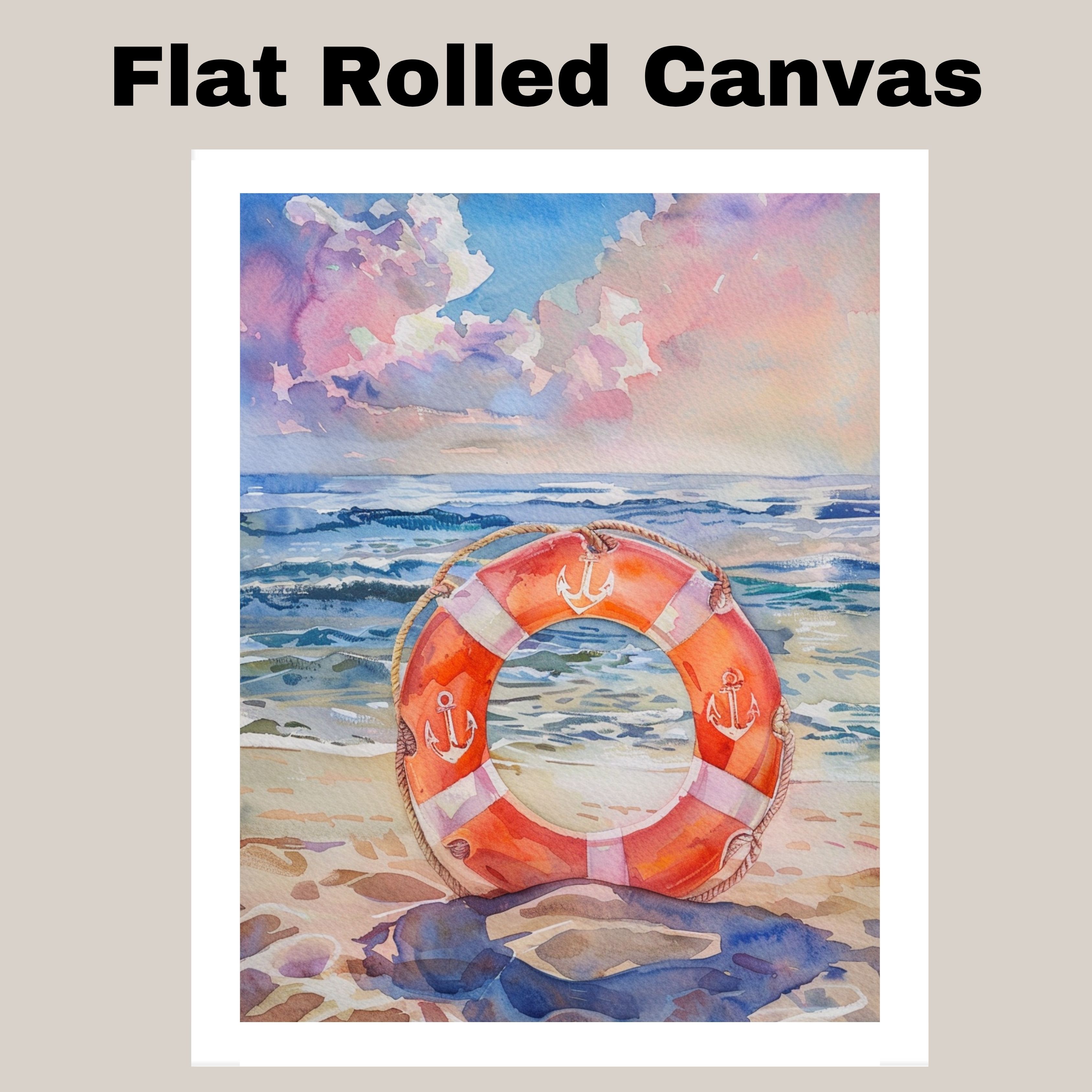 Watercolor Painting of a Life Ring on the Beach Framed by Waves with Anchor