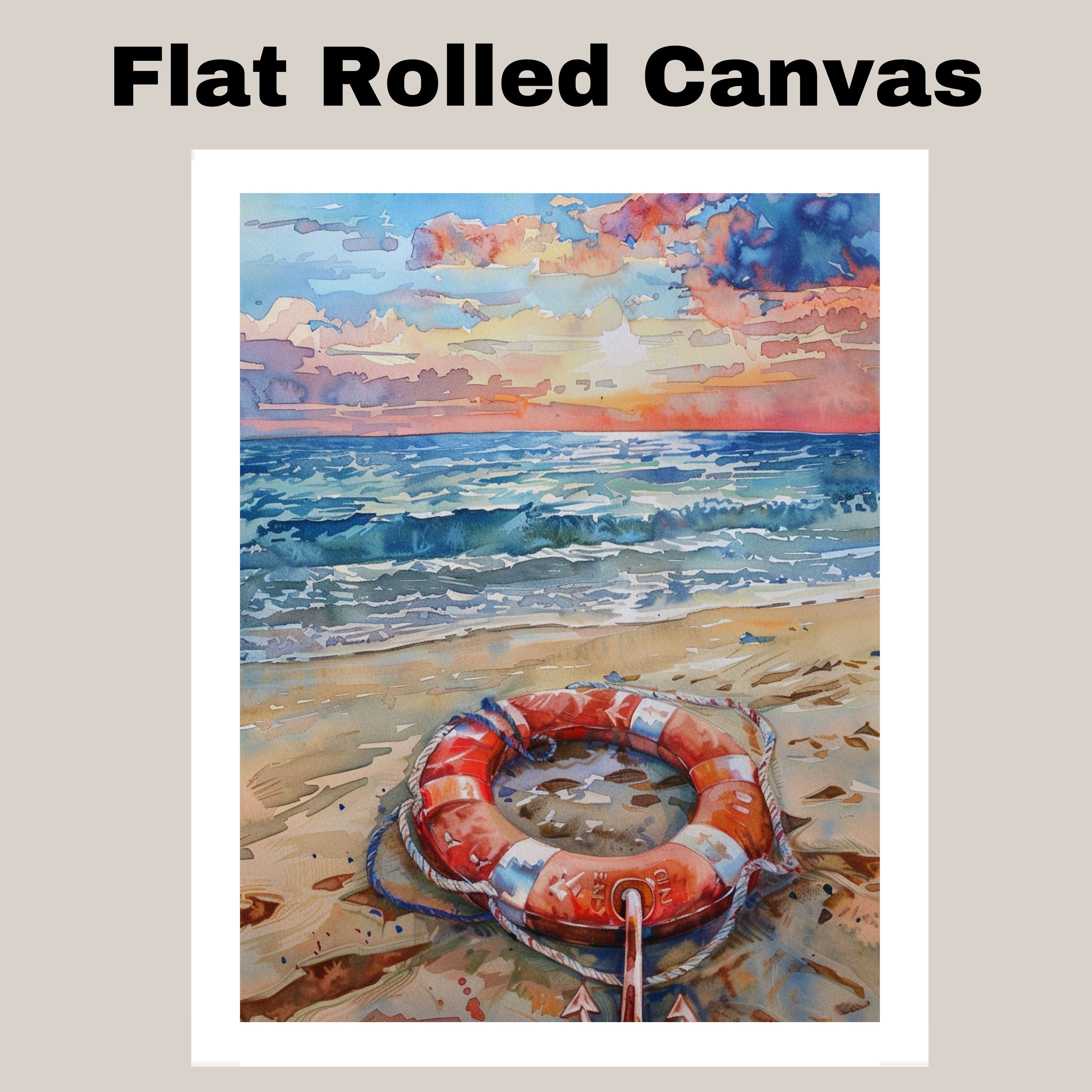 Watercolor Painting of a Life Ring and Anchor on the Beach with Ocean Waves