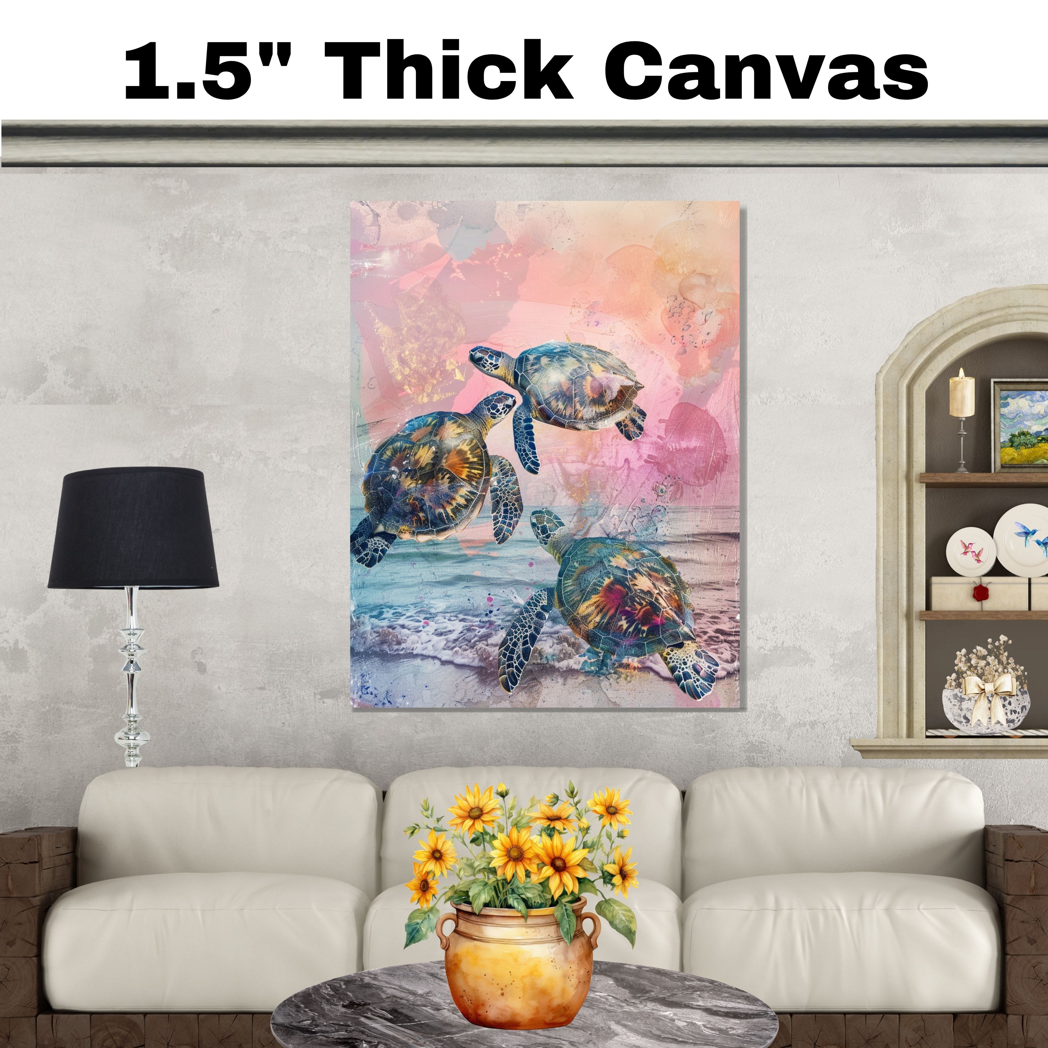 Watercolor of Three Sea Turtles Swimming Over Ocean Waves Canvas Wall Art - Picture 19 of 19