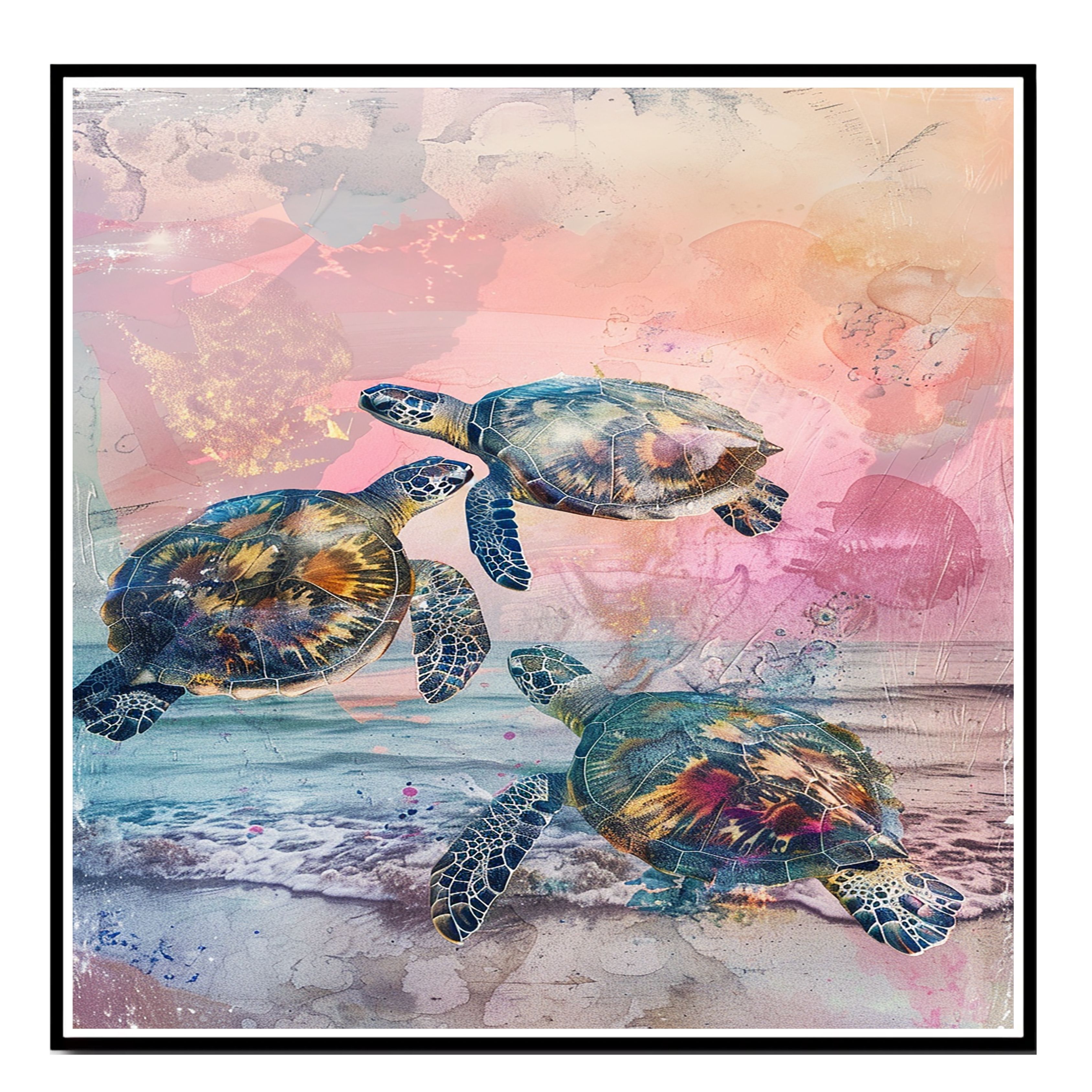 Watercolor of Three Sea Turtles Swimming Over Ocean Waves Canvas Wall Art - Picture 15 of 19