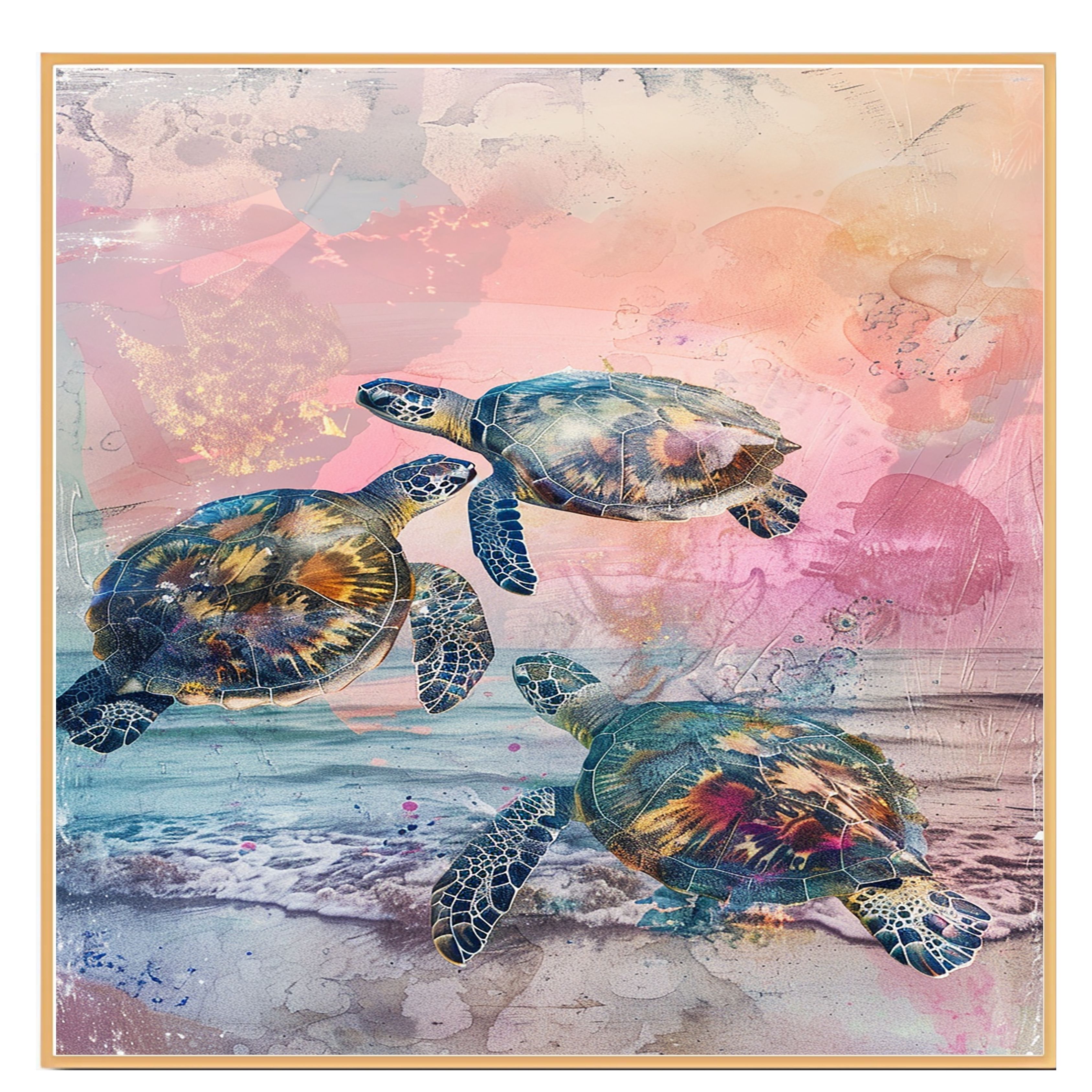 Watercolor of Three Sea Turtles Swimming Over Ocean Waves Canvas Wall Art - Picture 17 of 19
