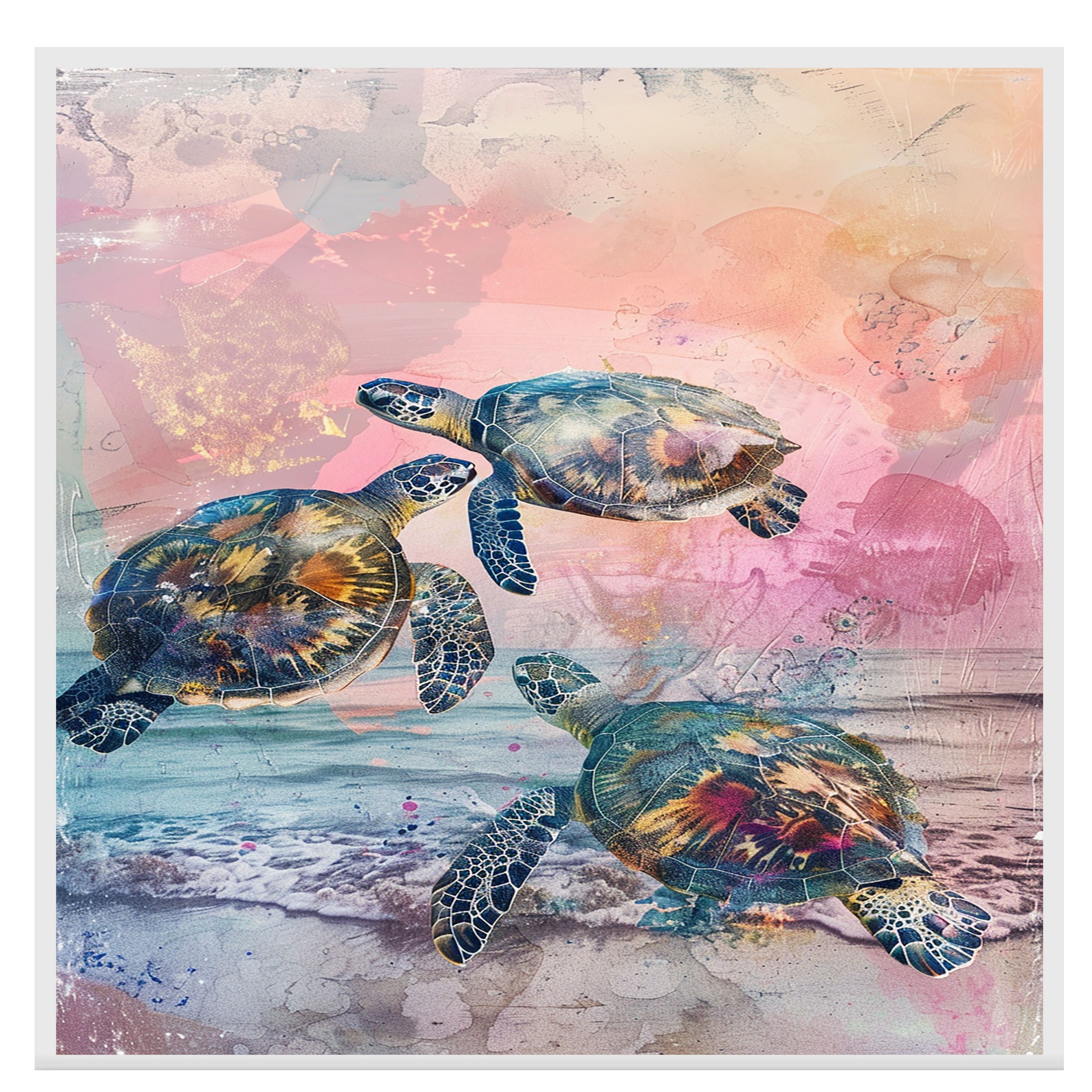 Watercolor of Three Sea Turtles Swimming Over Ocean Waves Canvas Wall Art - Picture 16 of 19