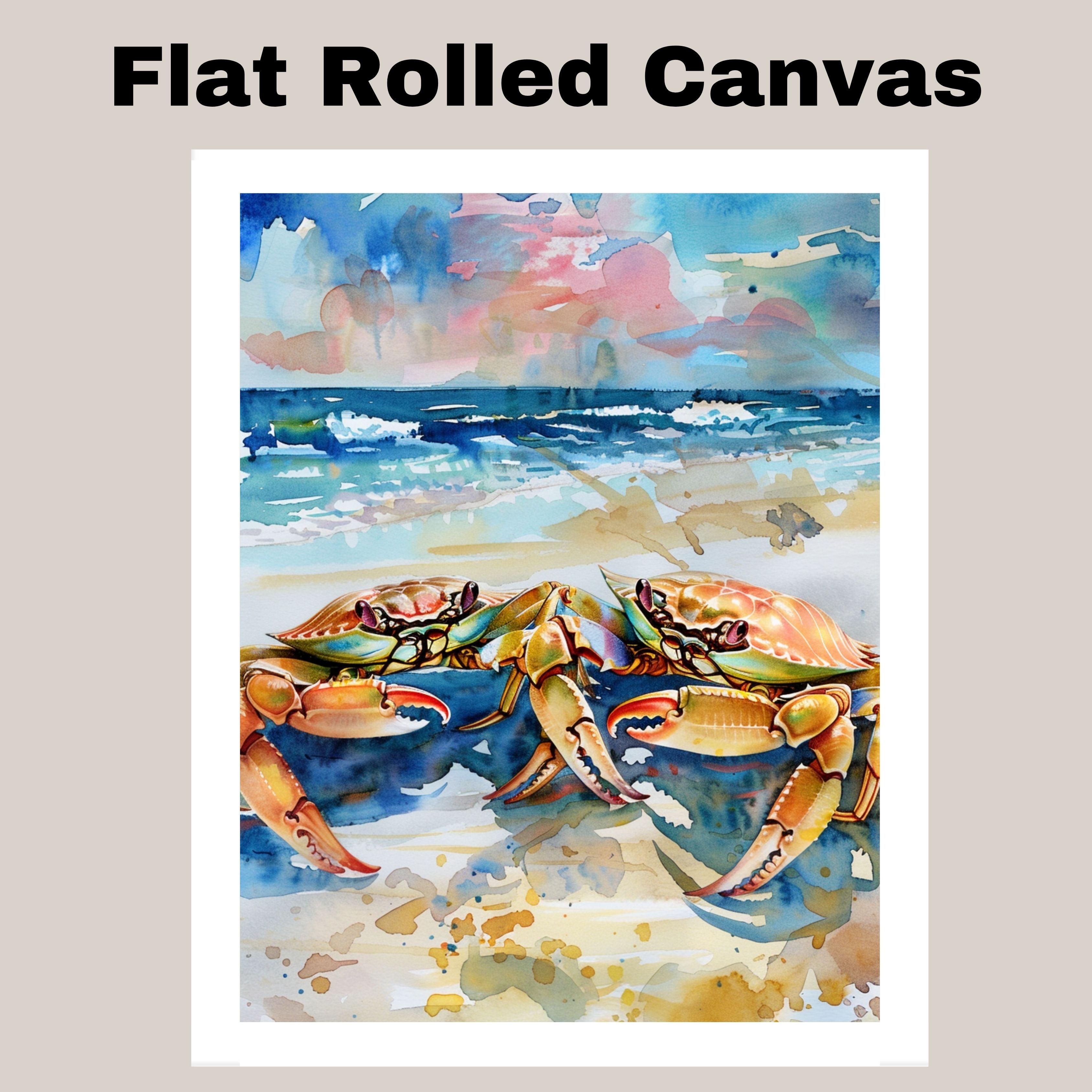Watercolor Painting of Two Multicolored Crabs on Beach Coastal Ocean Wall Art
