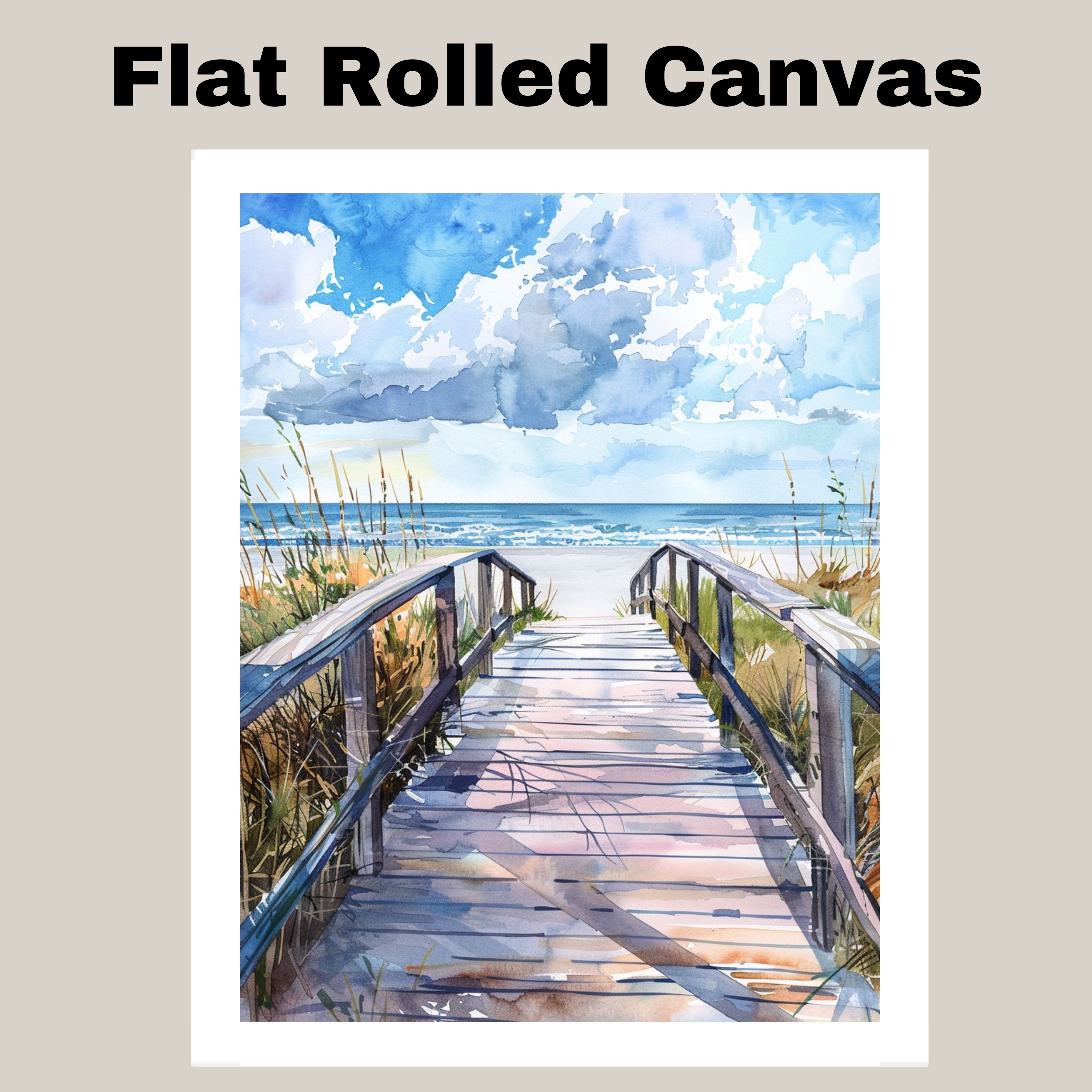 Sunny Coastal Boardwalk Watercolor Painting Path to the Beach Canvas Wall Art