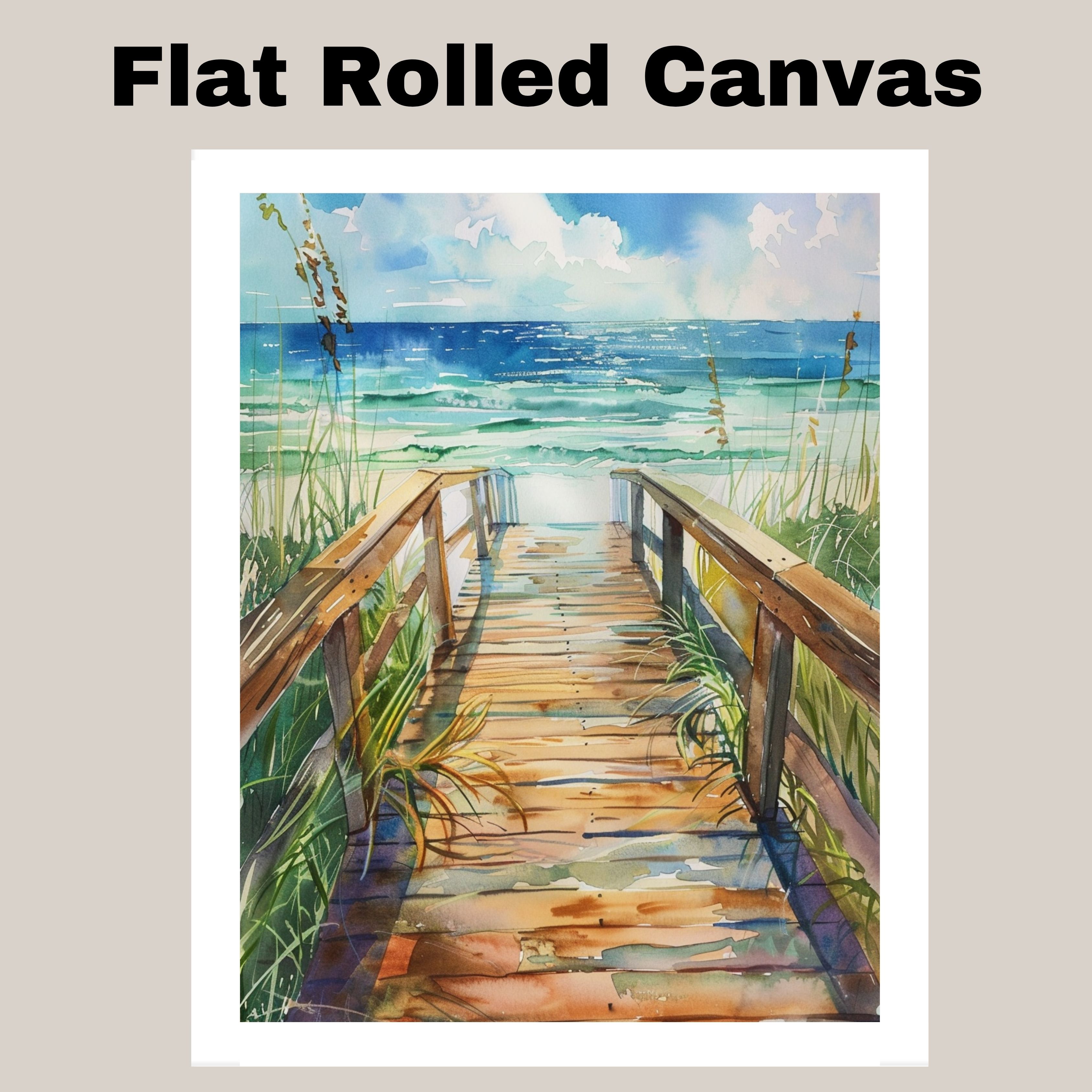 Sunlit Coastal Boardwalk Watercolor Painting Beach Walkway to Turquoise Art